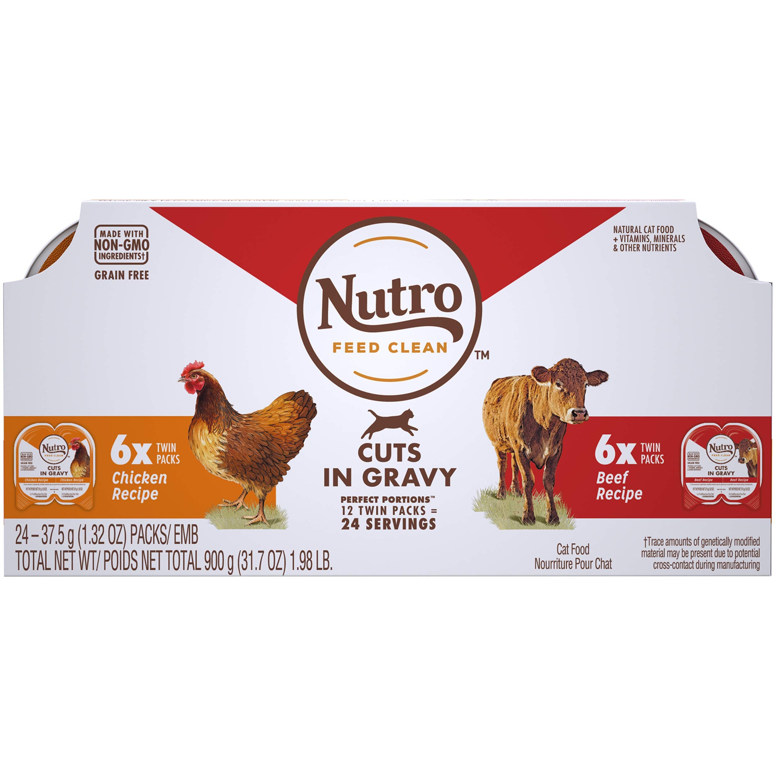 Nutro Perfect Portions Wet Cat Food Cuts in Gravy Multipack: Beef Recipe and Chicken Recipe, 2.64 oz Twin-Pack Trays (12 Count,