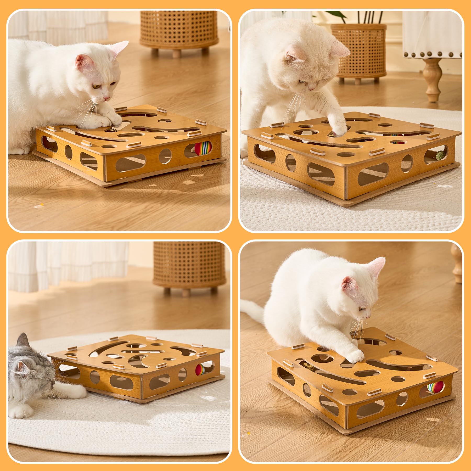 Bininl Interactive Wooden Cat Puzzle Toy with Ball and Bell,Indoor Hunting Play Toy to Stimulate Your Cats Energy and Instincts,