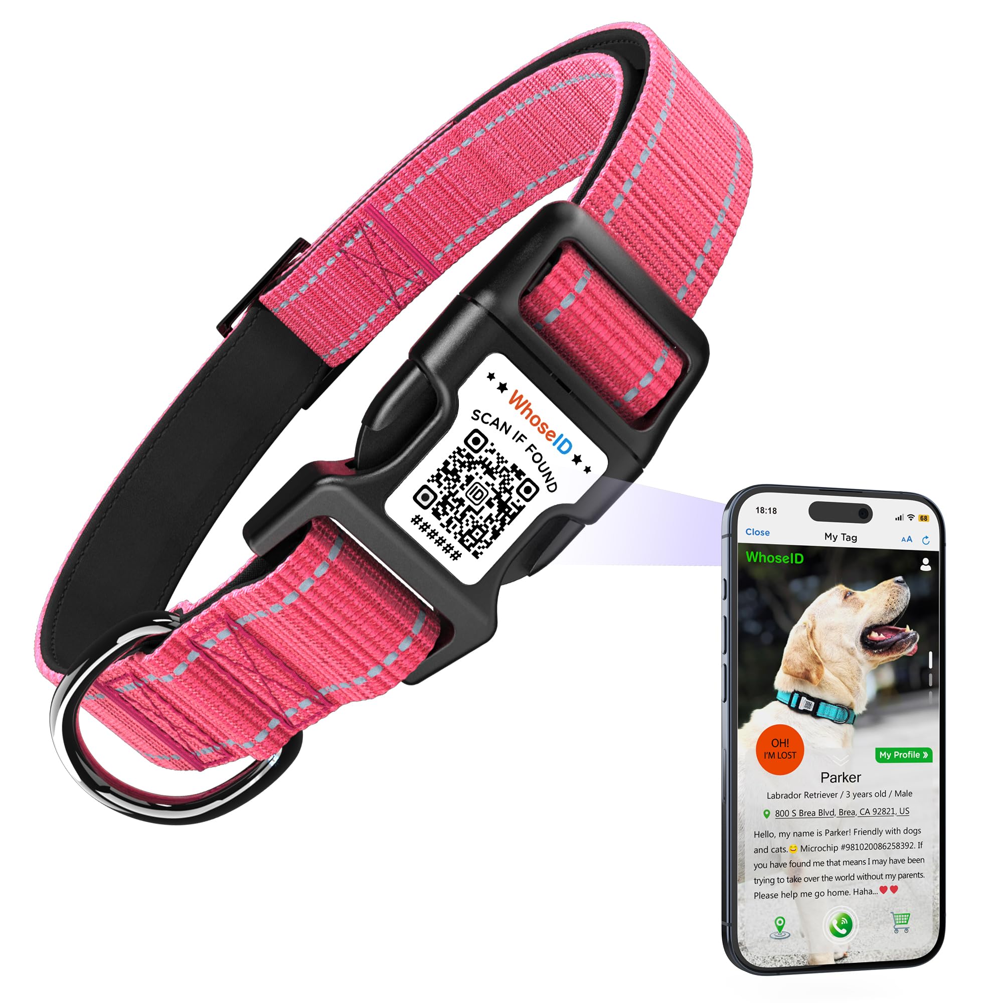 Dog Collar With Qr Code, Reflective Pet Collar, Soft Neoprene Padded & Safety Locking Buckle Adjustable Puppy Collar (Xs,Rose)