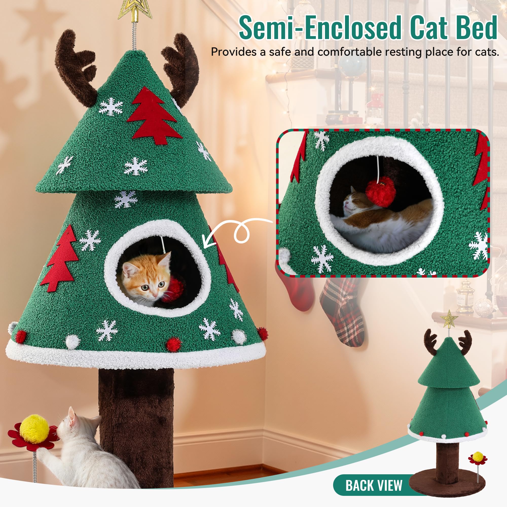 DWVO Christmas Cat Tree, 47.2in Christmas Tree Cat Tower with Teaser Plaything, Kitty Tree for Indoor Small Cats
