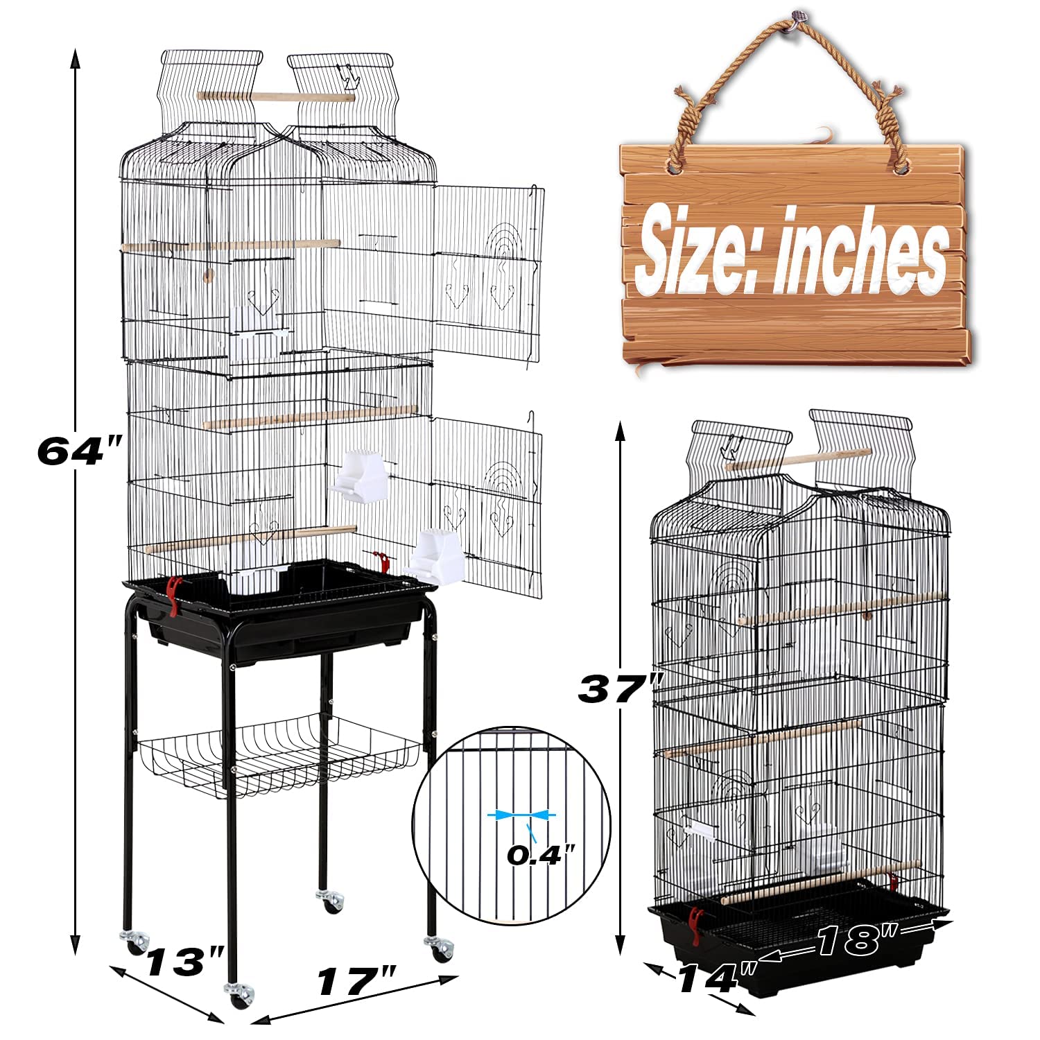 Hcy Bird Cage Parakeet 64 Inch Open Top Standing Parrot Accessories With Rolling Stand For Medium Small Cockatiel Canary Conure