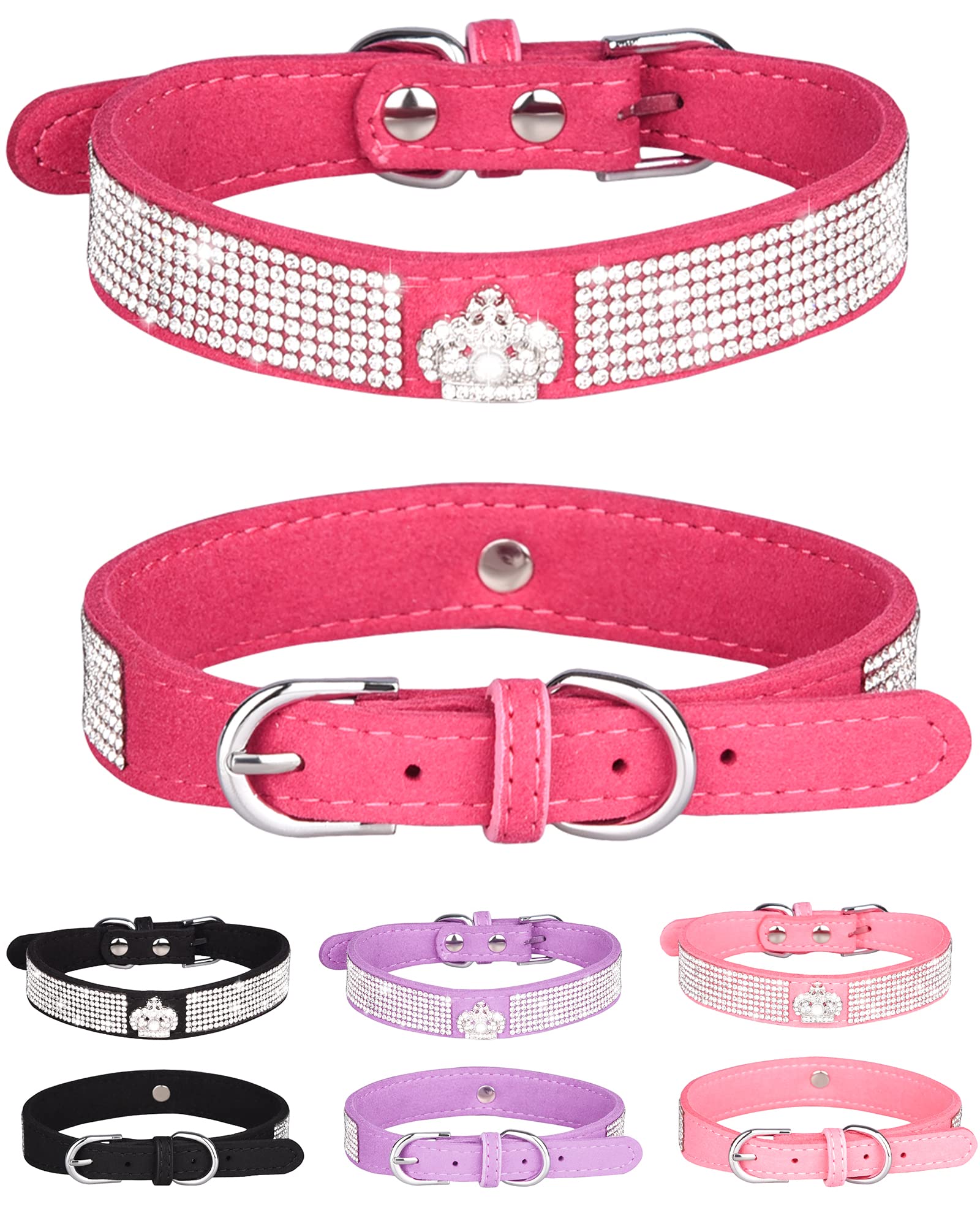 Dog Collar For Small Dogs, Adjustable Leather Suede Bling Dog Collars,Pink Dog Collar Cat Collar, Rhinestone Dog Collar (L, Rose
