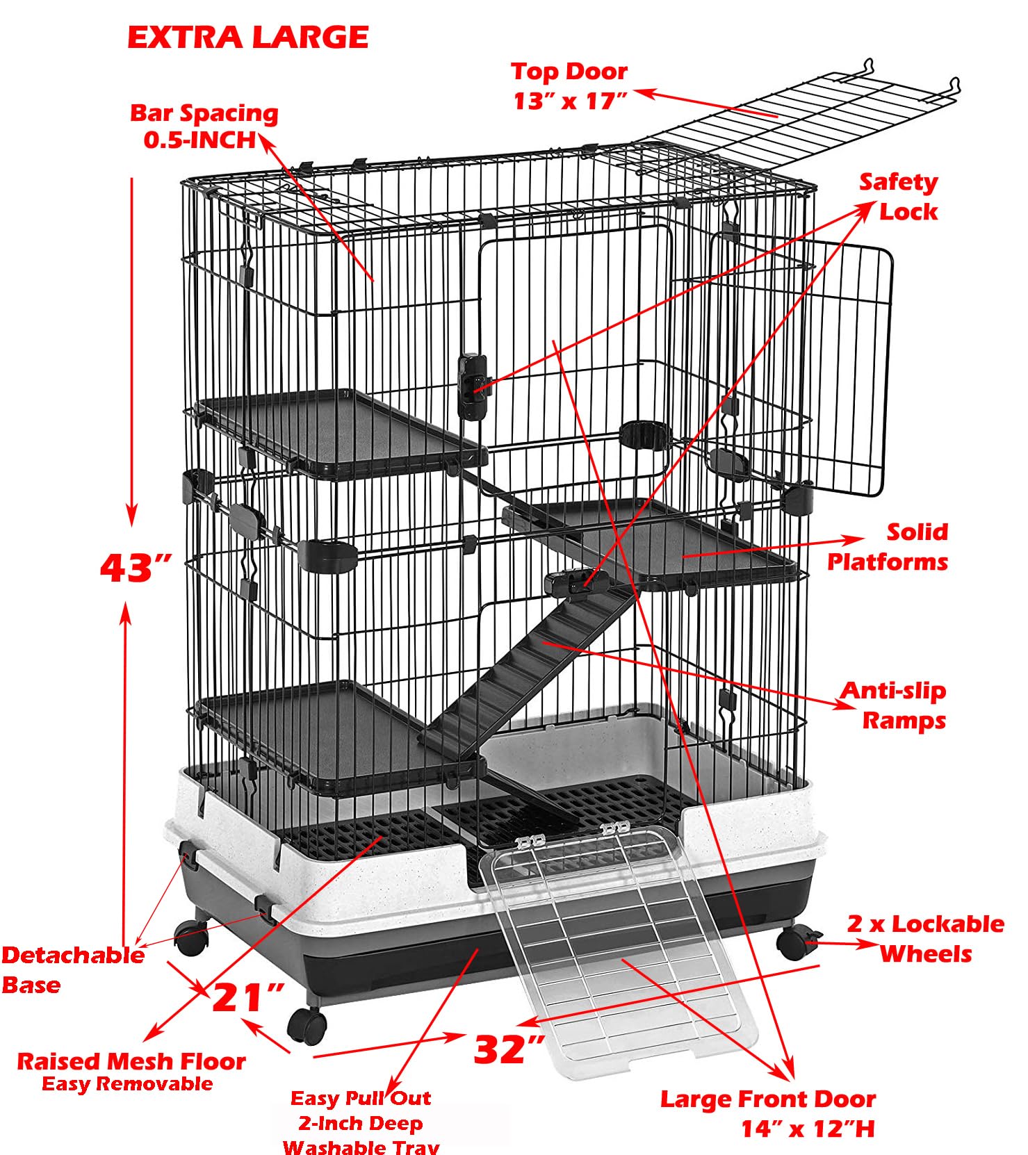 Pink X-Large Deluxe 4-Level In/Outdoor Rabbit Hutch Home Cage For Ferret Chinchilla Paw Safe Solid Platform Ramp Mesh Floor Leak