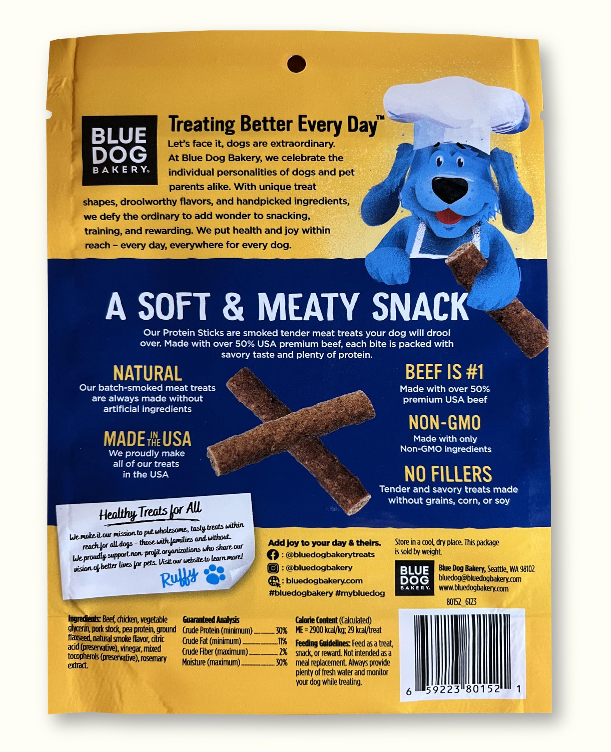 Blue Dog Bakery Protein Jerky Sticks - Soft Beef Flavor Dog Treats, 6 oz (Pack of 8) - Natural Healthy Chews for Dogs