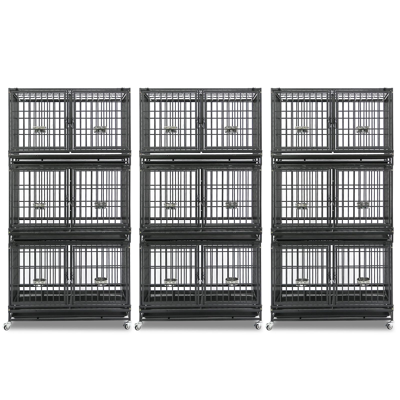 Homey Pet 3 Pack Three Tiers 43 inch Stackable Heavy Duty Dog Crate with Wheels, Indestructible Steel Dog Cage Kennel Indoor wit