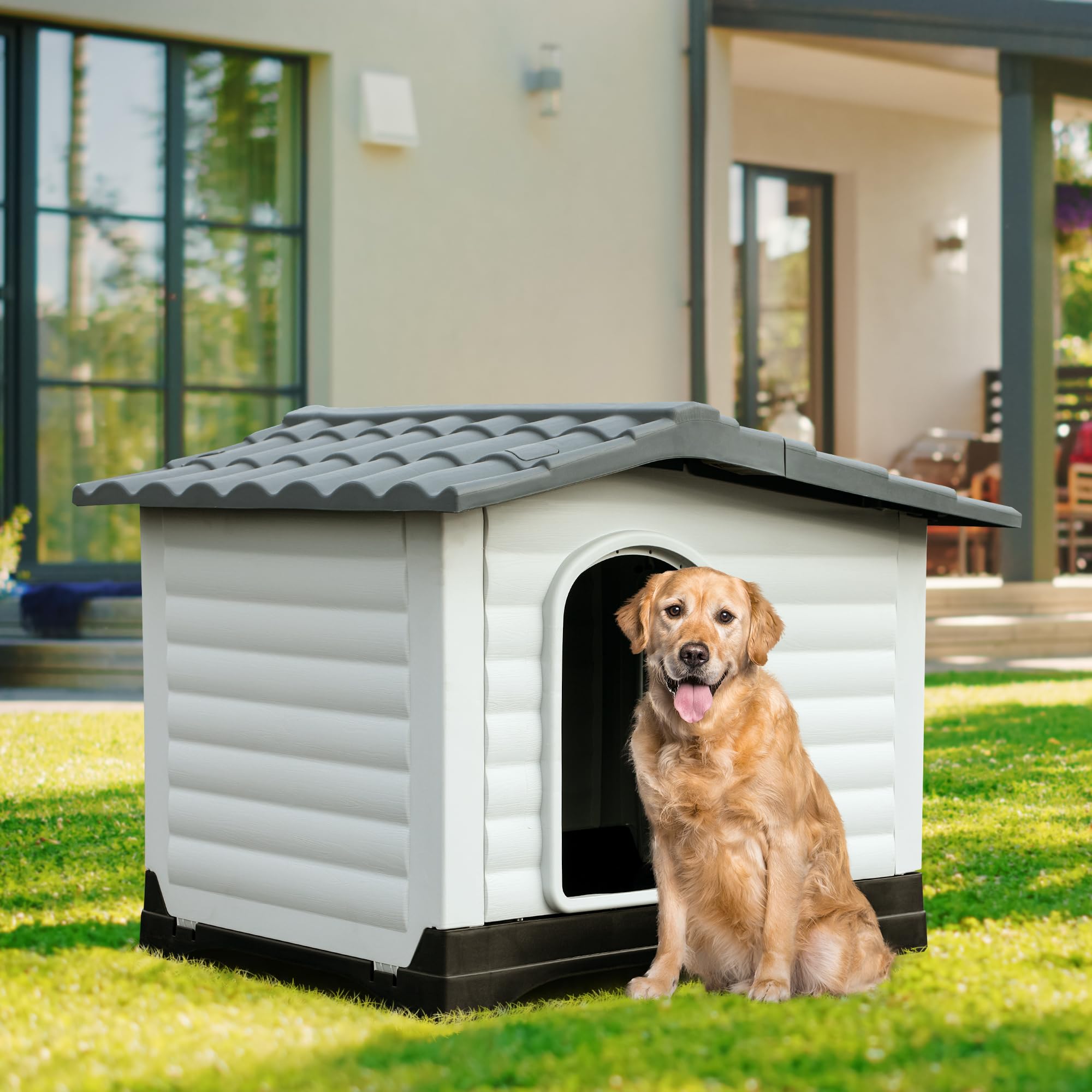 Yitahome 43.7'' Large Double Door Dog House With Porch & Cushion, Outdoor Plastic Doghouse With Elevated Base, Easy To Install,