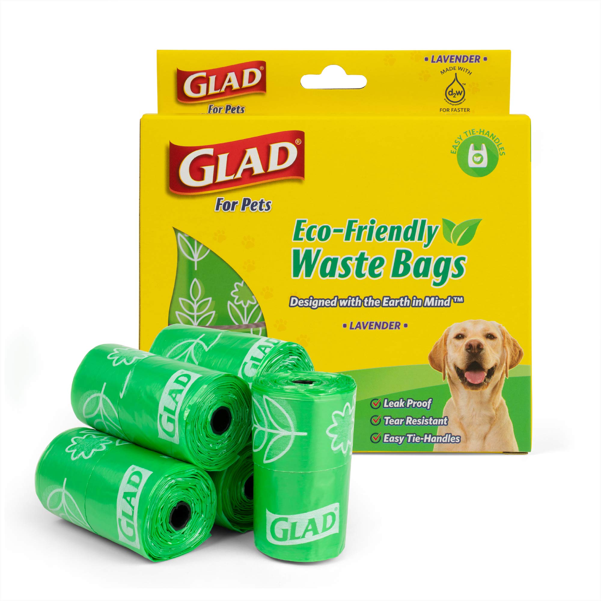 Glad for Pets Dog Waste Bags, Lavender Scent - Leak Proof and Strong Disposable Dog Poop Bags for Dogs, Easy Tie Handles for Cle