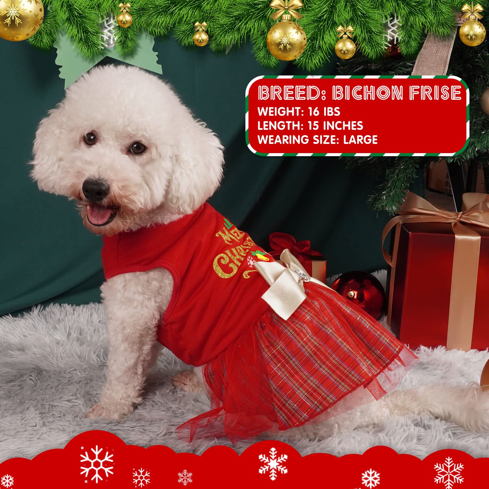 Cyeollo Christmas Dog Dress Holiday Theme Plaid Dog Dresses For Small Dogs Doggie Bowtie Girl Dog Clothes Cat Apparel