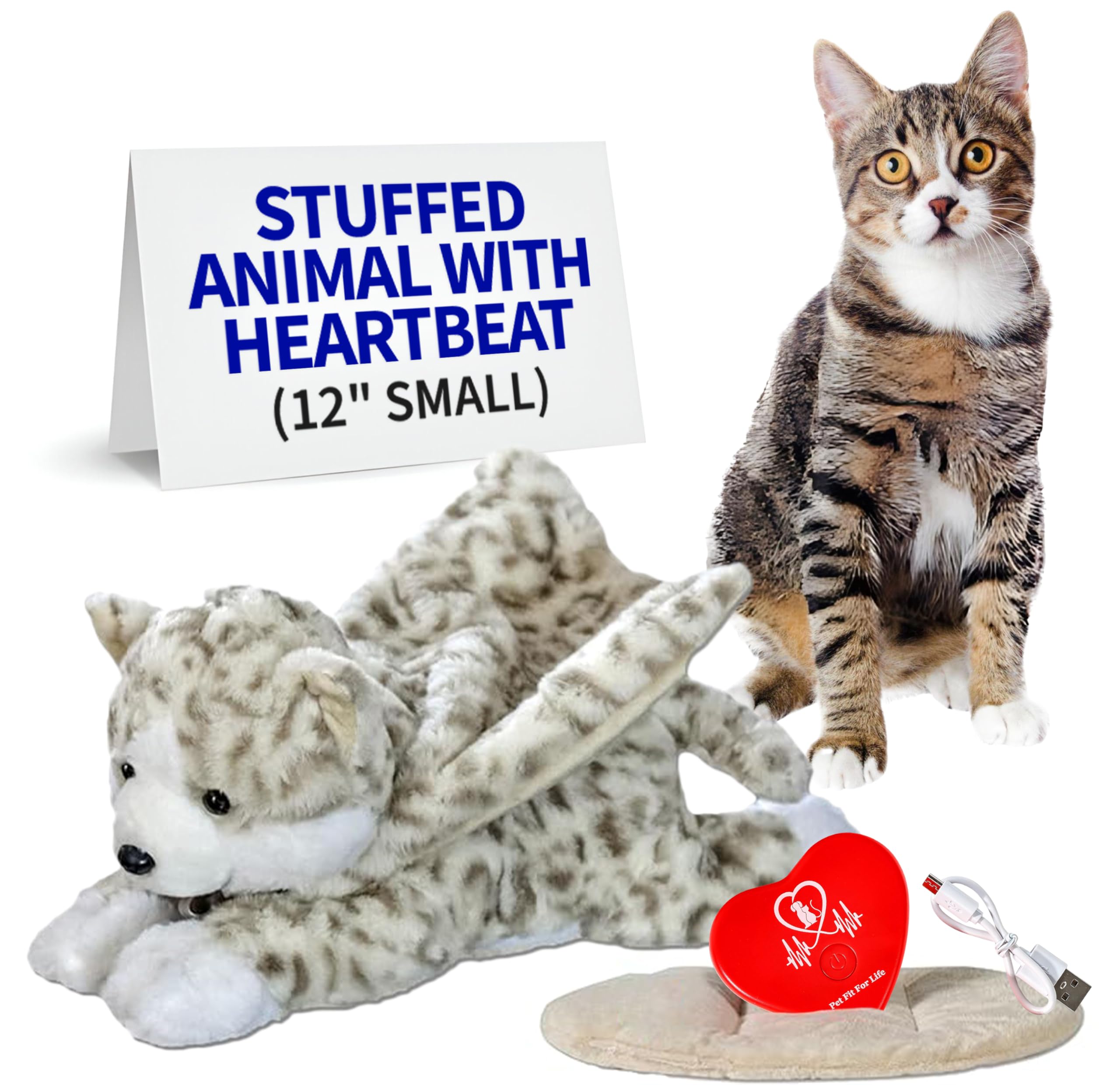 Pet Fit For Life Stuffed Animal for Cats - Calming Sleep Aid with USB Rechargeable Heart Beat & Heat Pack for Anxiety Relief - H