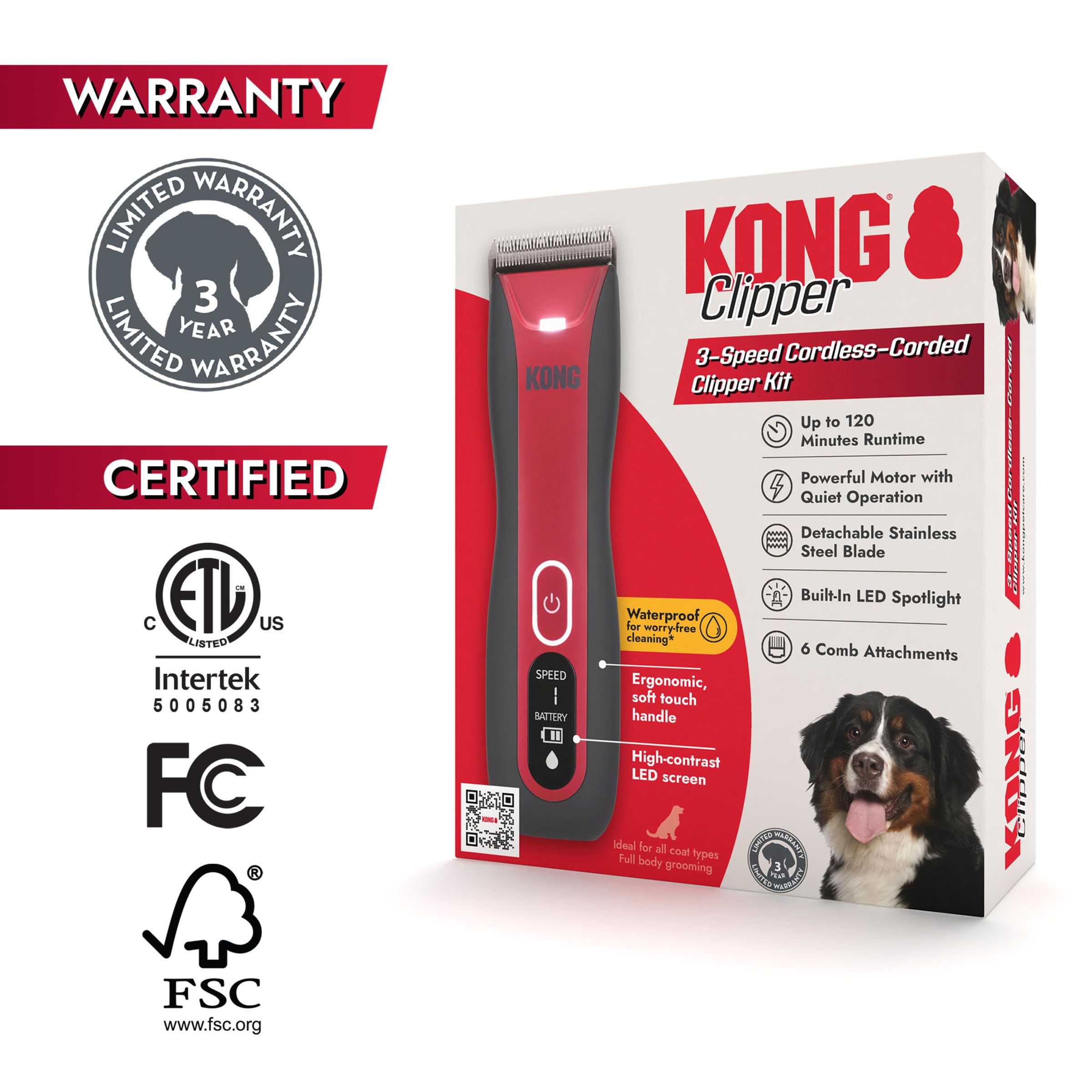 Kong 3-Speed Cordless-Corded Dog Clipper Kit - Stainless Steel Blade, Waterproof, LED Spotlight, Use-While-Charging, 6 Guide Com
