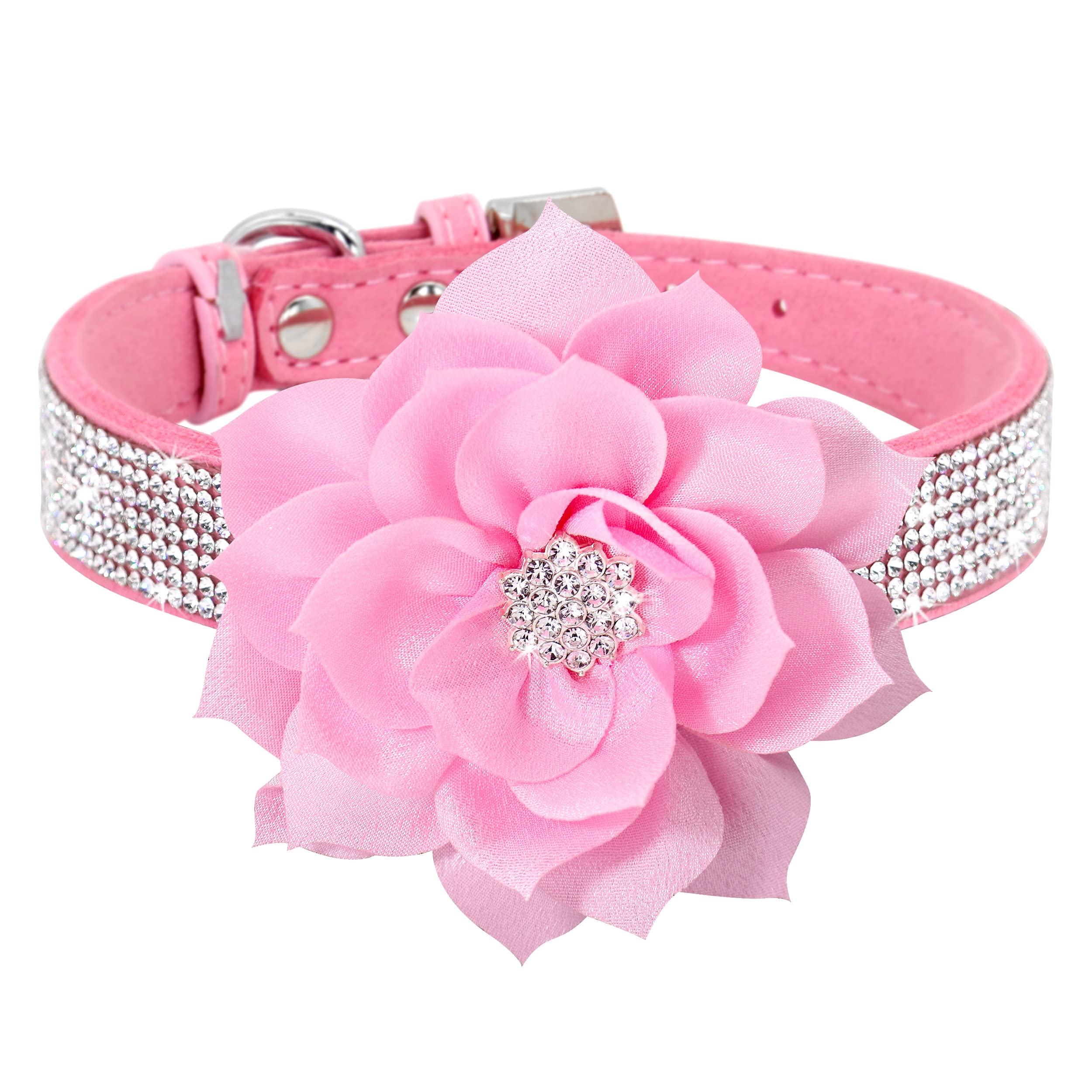 Pet Artist Cute Girl Rhinestone Suede Dog Collars For Small Dogs Cats,Soft Flower Dog Collar,Bling Dog Collars For Small Puppy Dogs Pink Collar, Xs:Neck 7.5-10'(19-25Cm)