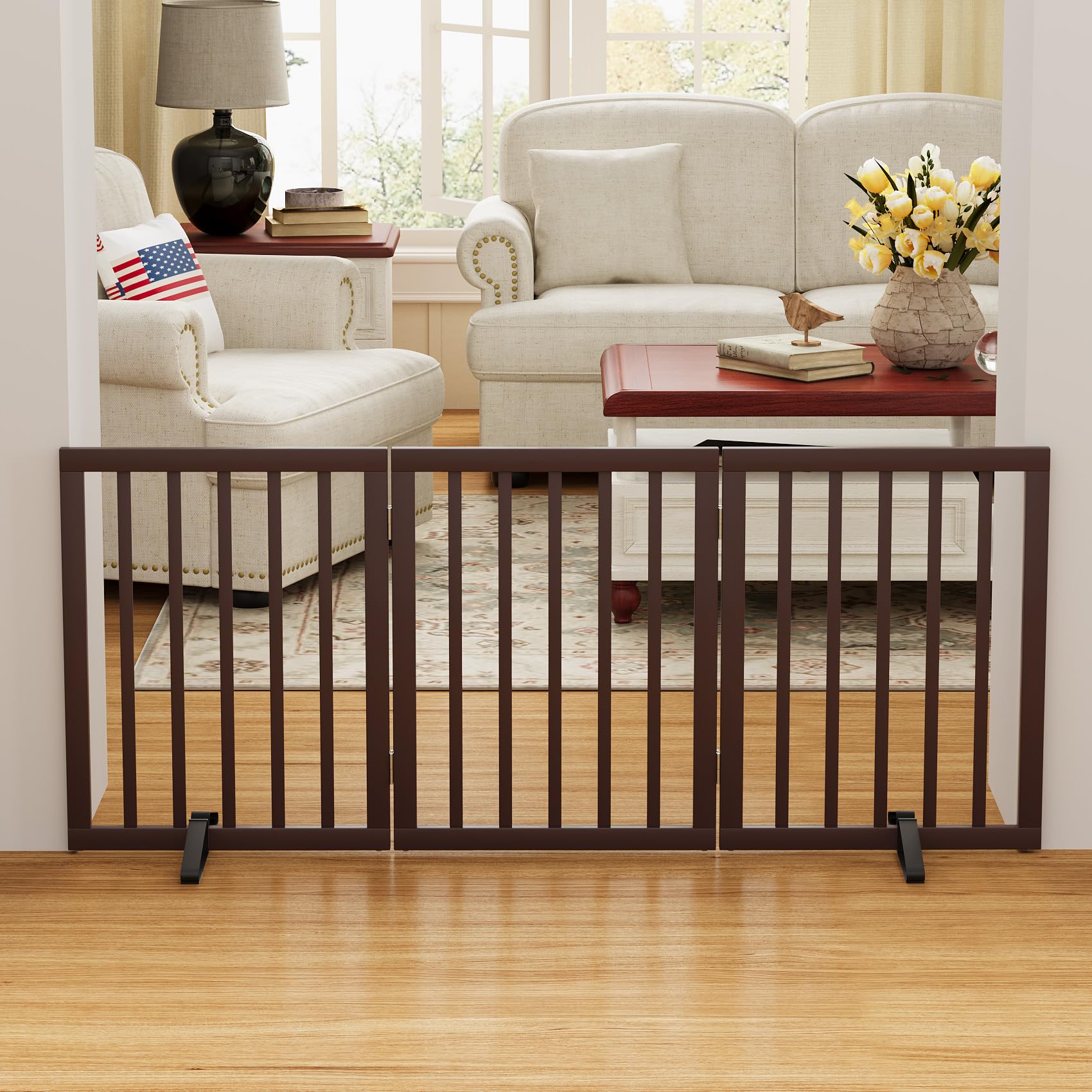 Mino Kesper Brown 18-55 Wide Dog Gate, Bamboo Freestanding Pet Gates for Dogs, Puppy Fence