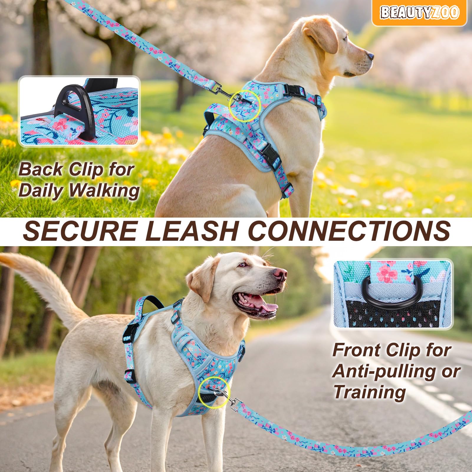 Beautyzoo No Pull Dog Harness Large,Adjustable Dog Harness And Leash Set -Easy Wearing With 3 Buckles/Control Handle,No Choke So