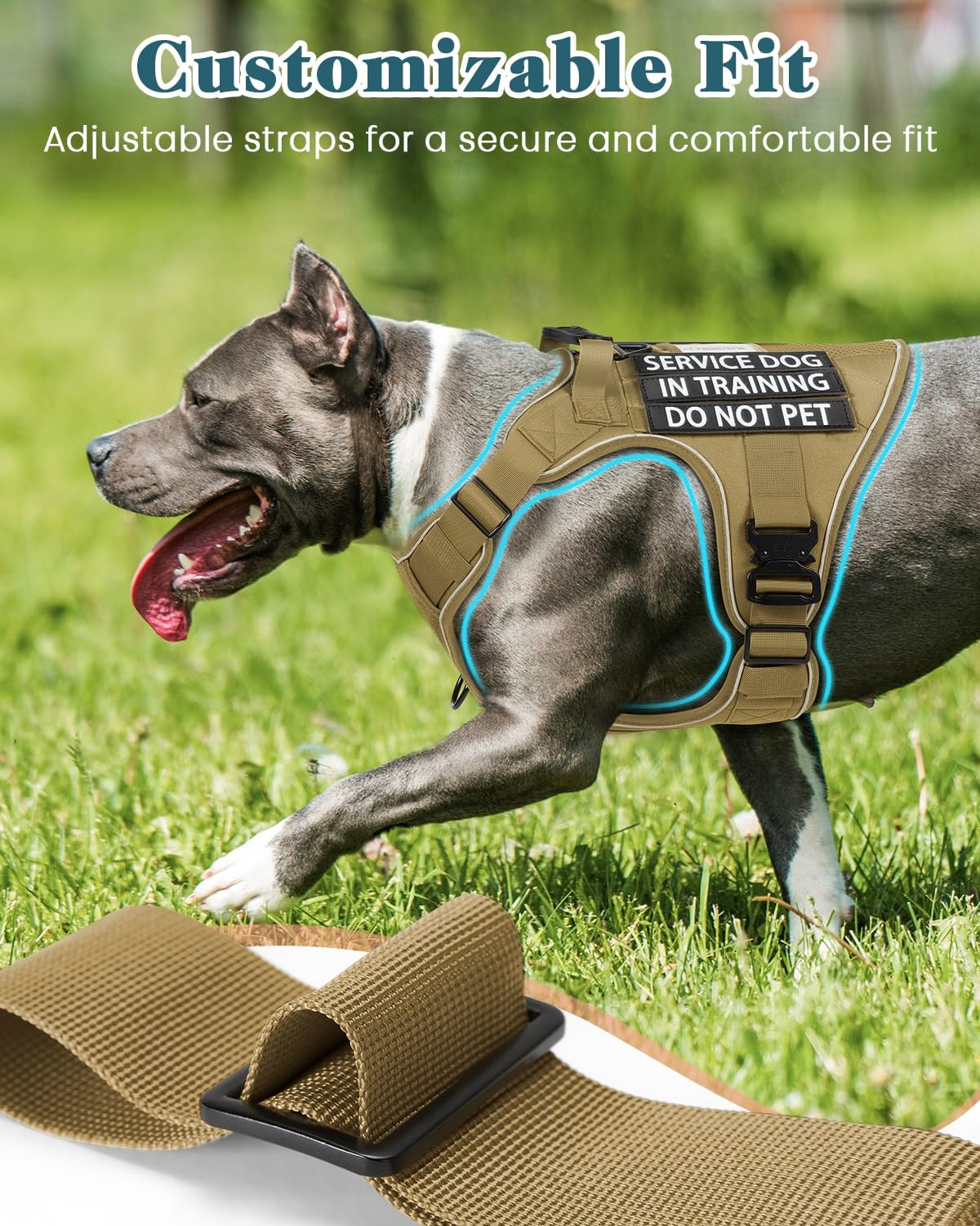 Reflective Brown Service Dog In Training Vest Harness For Medium Dogs, Adjustable Heavy Duty Padded Dog Harness, With Front Clip