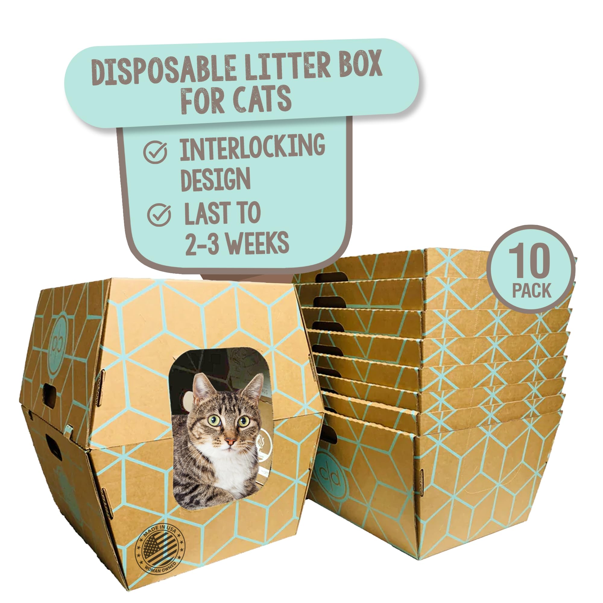 Cats Desire Litter Box - Disposable Litter Boxes For Cats (3 Pcs) - Top/Low Entry & Enclosed Box - Teal On Natural Brown, Partia