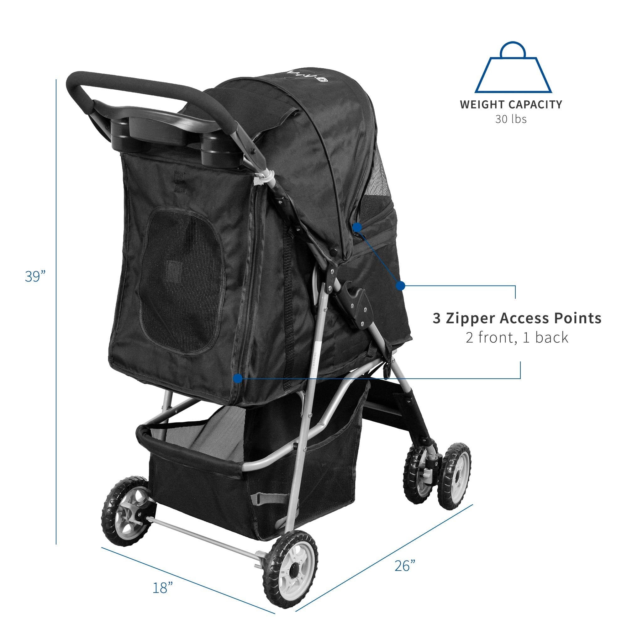 Vivo Black 4 Wheel Pet Stroller For Cat, Dog And More, Foldable Carrier Strolling Cart, Strolr-V001K