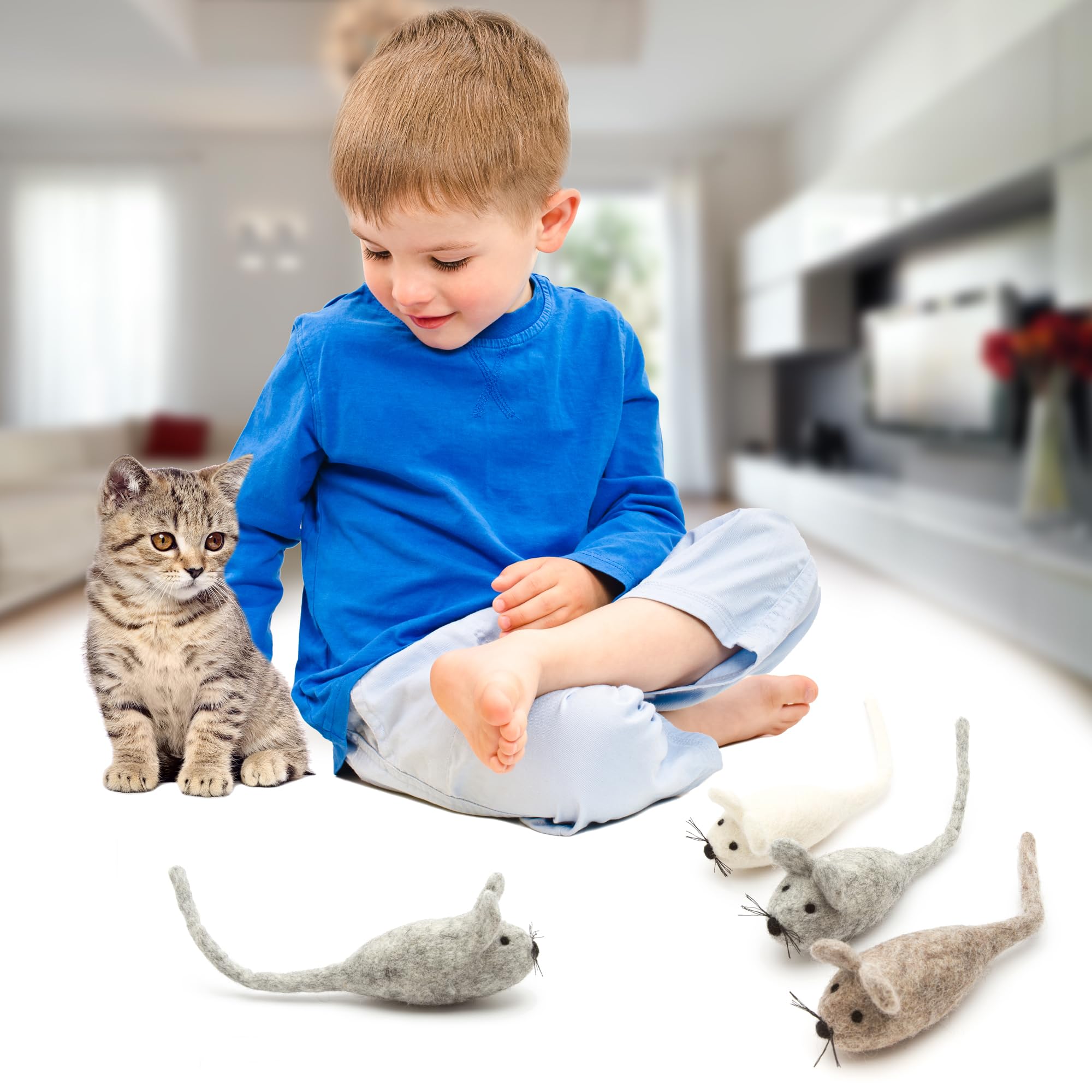 Glaciart One Felt Mouse Cat Toy - 3 Pcs | Soft Fuzzy Enrichment 100% Natural Wool - Interactive Catnip Play Cat Toy Set - Safe F