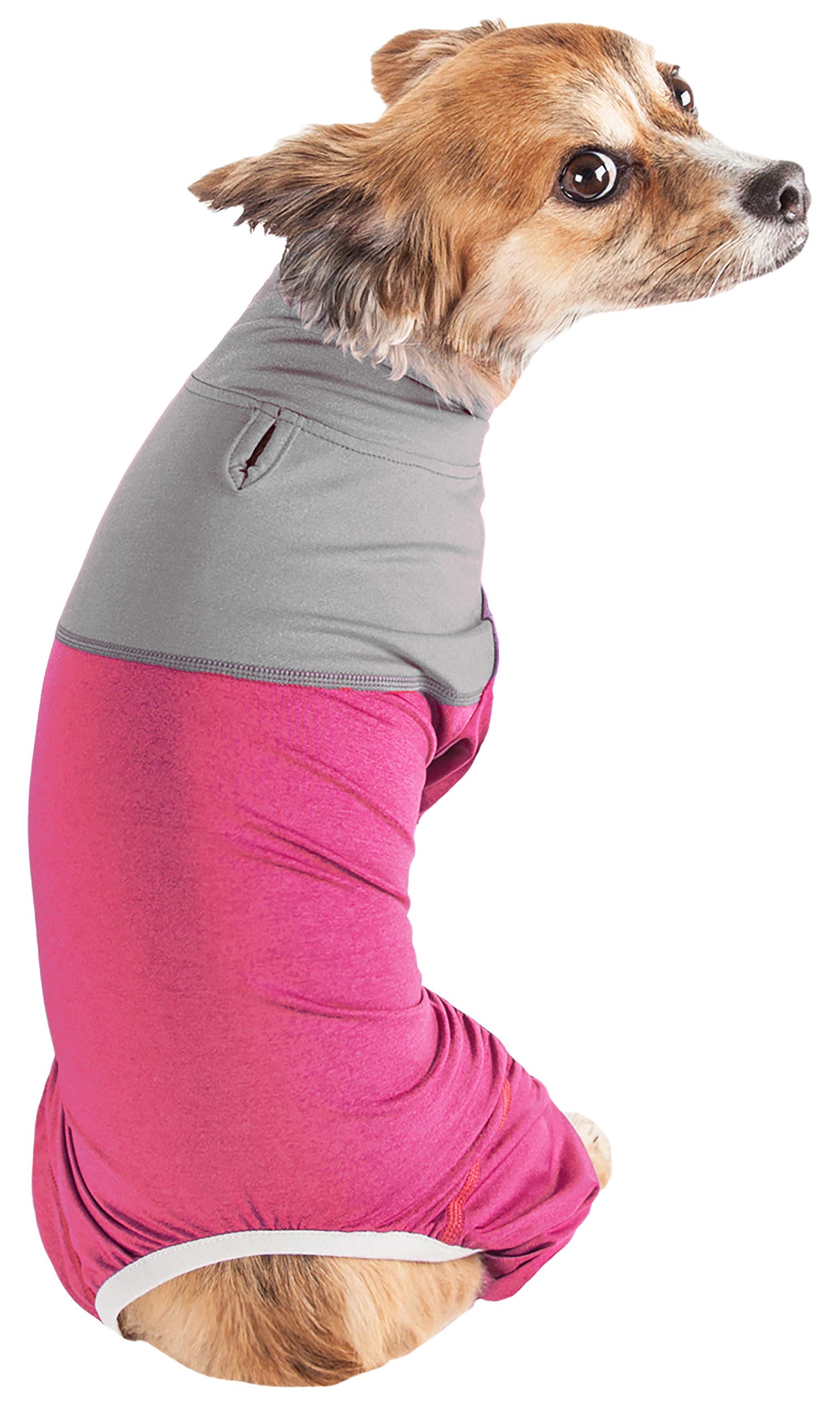 Pet Life  Active 'Embarker' Heathered Performance 4-Way Stretch Two-Toned Full Body Warm Up, Pink And Grey  - X-Large