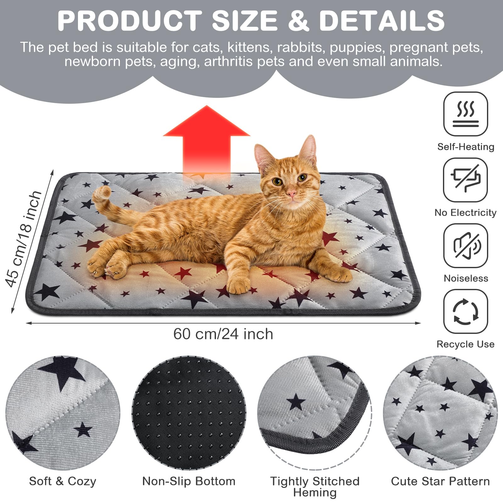 Namalu 4 Pack Self Warming Cat Bed Self Heating Cat Mat Star Pattern Soft Dog Crate Pad Thermal Pet Mat Anti Slip Kennel Washabl