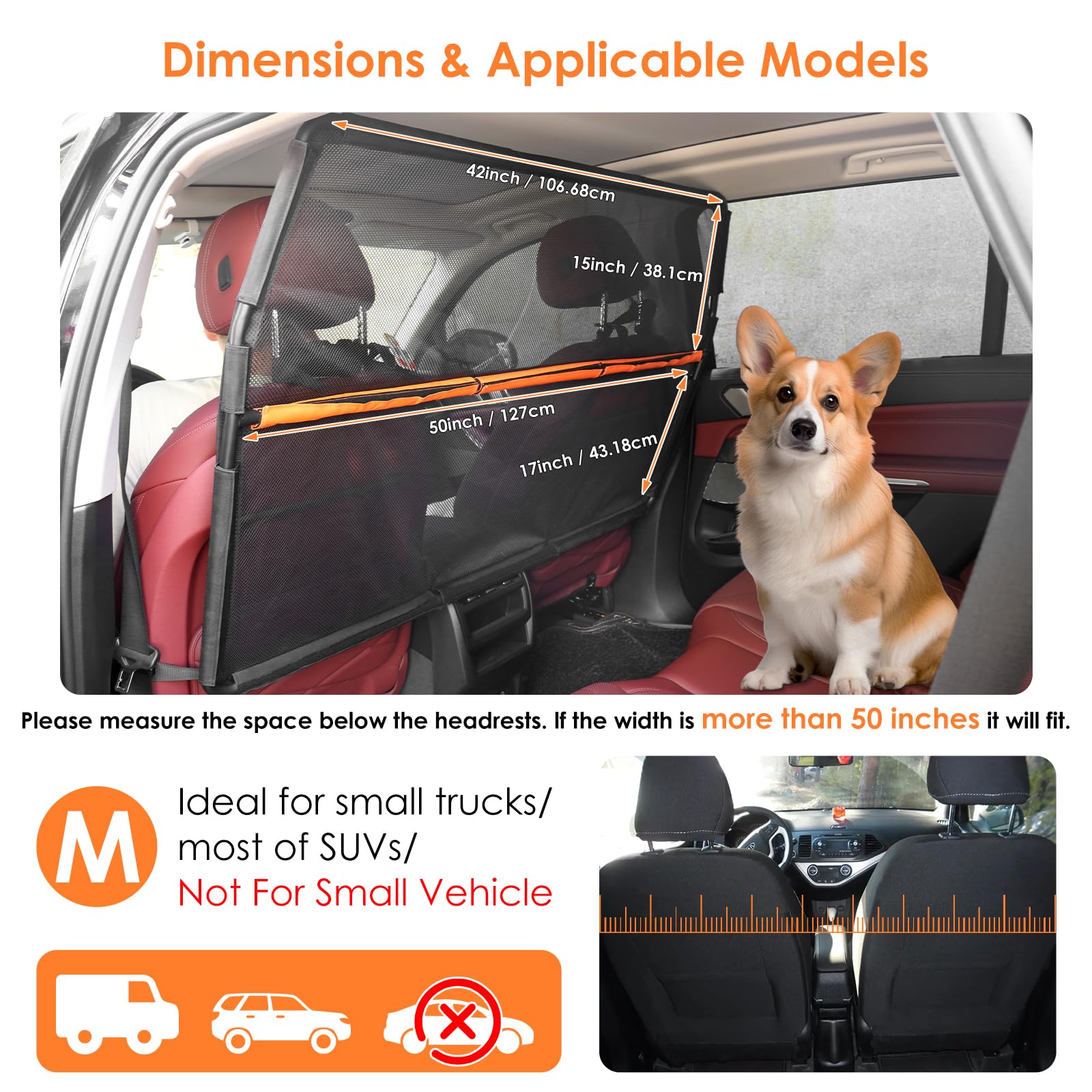Zmgdrm Dog Car Barrier, 50" Wide Backseat Divider, Black Net Mesh Separator for SUV and Trunk - Model DBCB001
