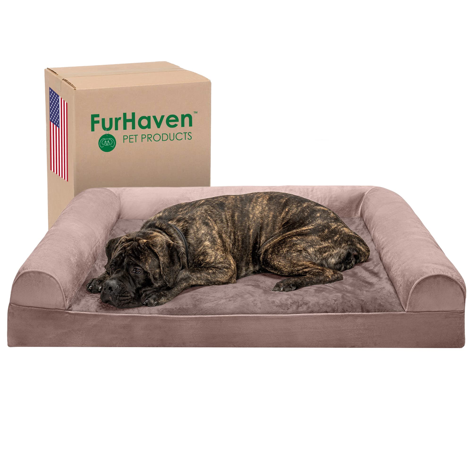 Furhaven Orthopedic Dog Bed For Large Dogs W/ Removable Bolsters & Washable Cover, For Dogs Up To 125 Lbs - Faux Fur & Velvet Sofa - Driftwood Brown, Jumbo Plus/Xxl