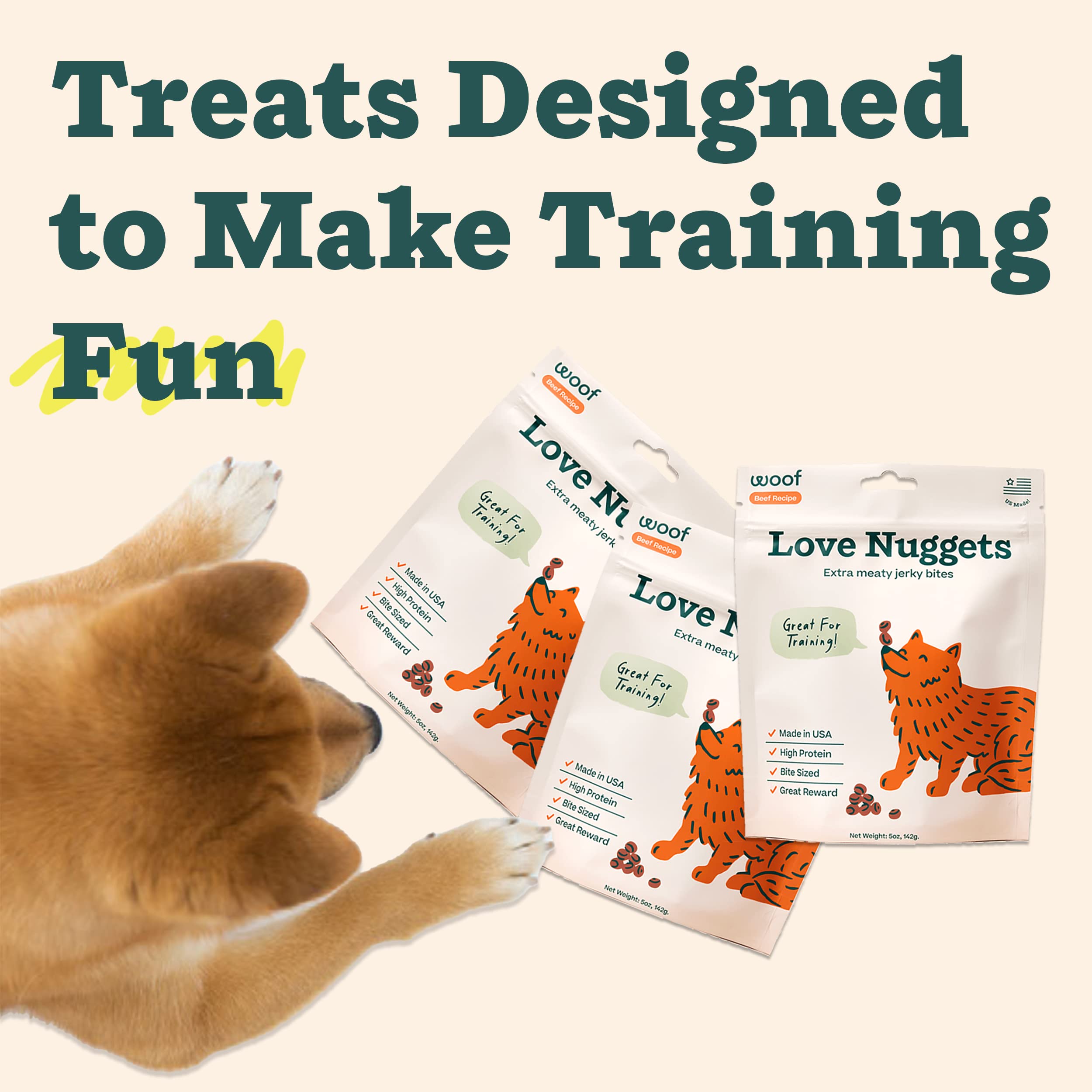 WOOF Love Nuggets, Made in The USA Dog Treats for Training, Jerky for Dogs, Bite-Sized Beef Training Treats