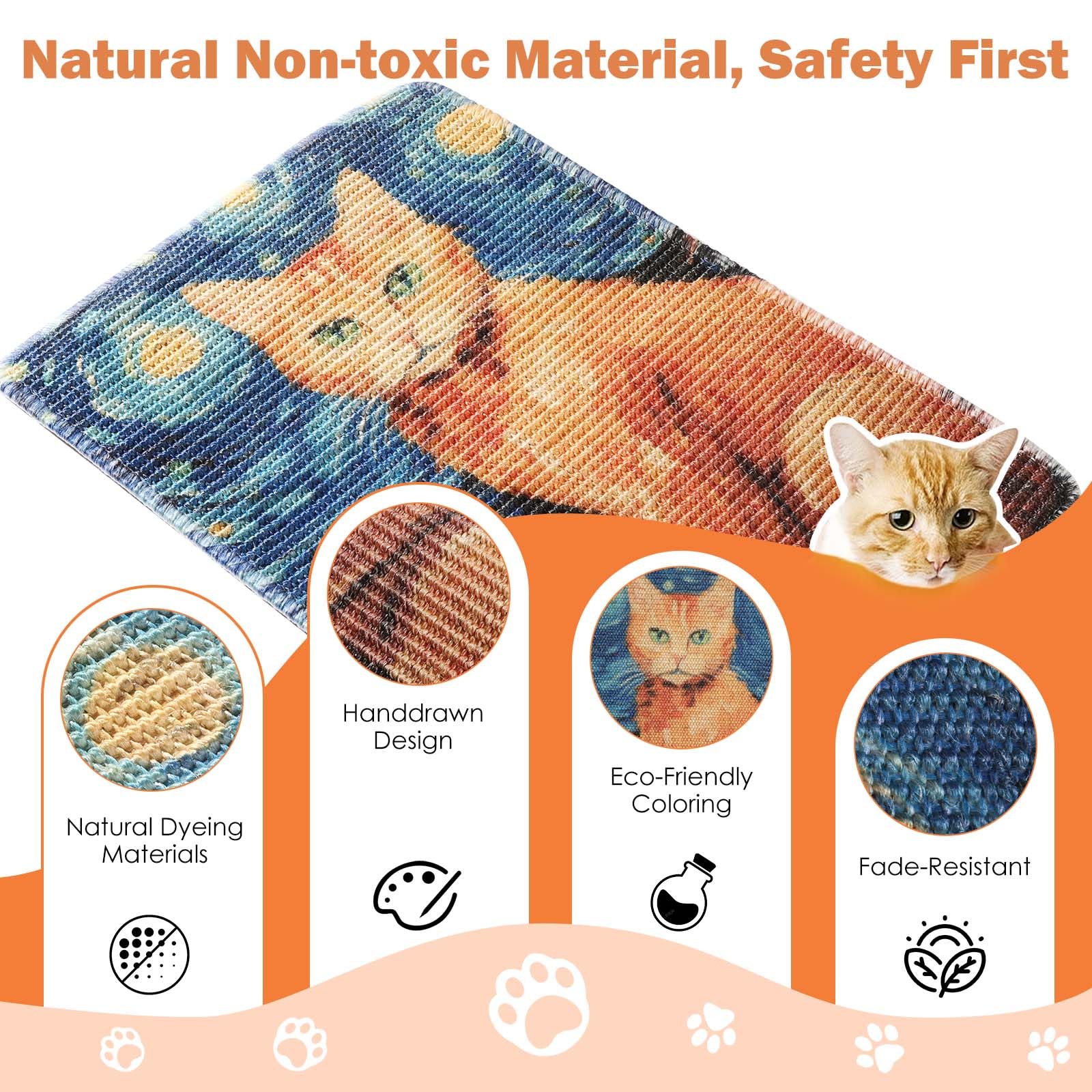 3-In-1 Sisal Cat Scratch Mat 23.6X15.7'' Floor & Wall Cat Scratcher Pad, Protects Carpet Couch & Furniture With Sticker Tape, An