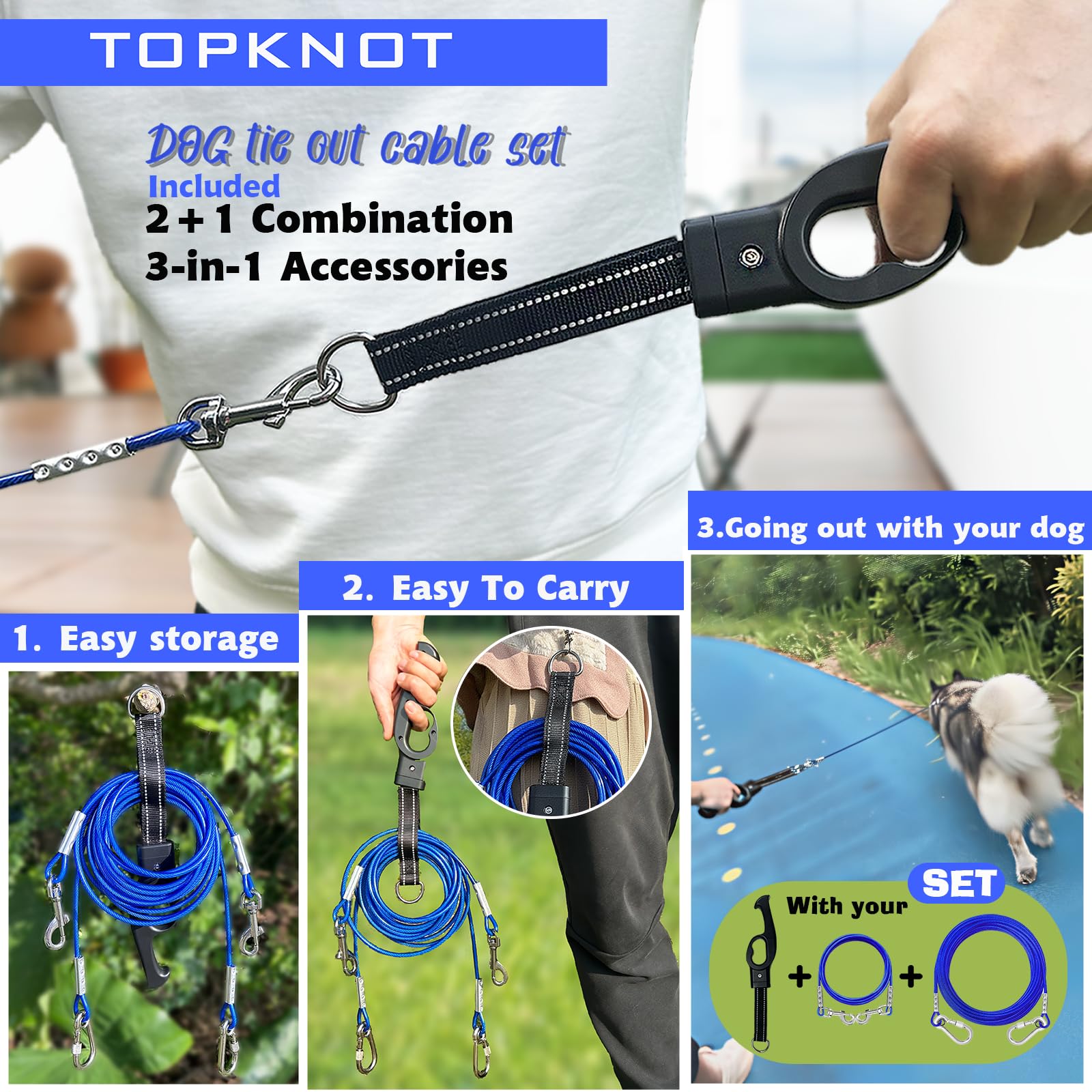 Topknot 2 Pack Dog Tie Out Cable(Up To150 Lbs),50 Ft Dog Leads For Yard Heavy Duty,With 4 Ft Dog Leash And Versatile Handle,Dog