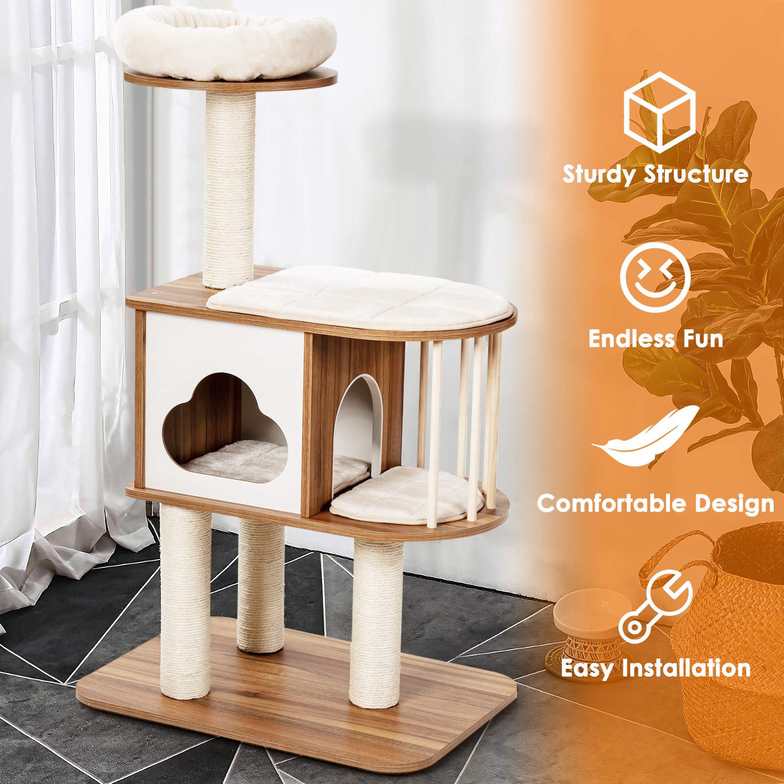 Tangkula Modern Wood Cat Tree, 46 Inches Cat Tower With Platform, Cat Activity Center With Scratching Posts And Washable Cushions, Wooden Cat Condo Furniture For Kittens And Cats (Natural)