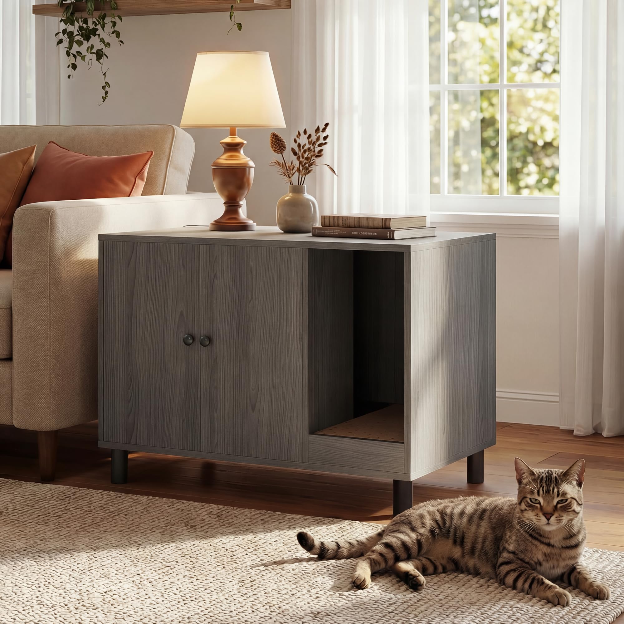 Greesum 2-in-1 Hidden Cat Litter Box Enclosure with Scratching Mat | Multi-Functional Cat Washroom Furniture, Gray Wooden Side T