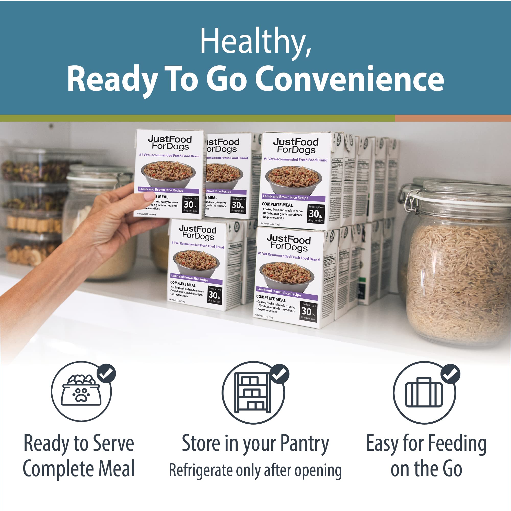 JustFoodForDogs Pantry Fresh Wet Dog Food, Complete Meal or Dog Food Topper, Lamb & Brown Rice Human Grade Dog Food Recipe - 12.
