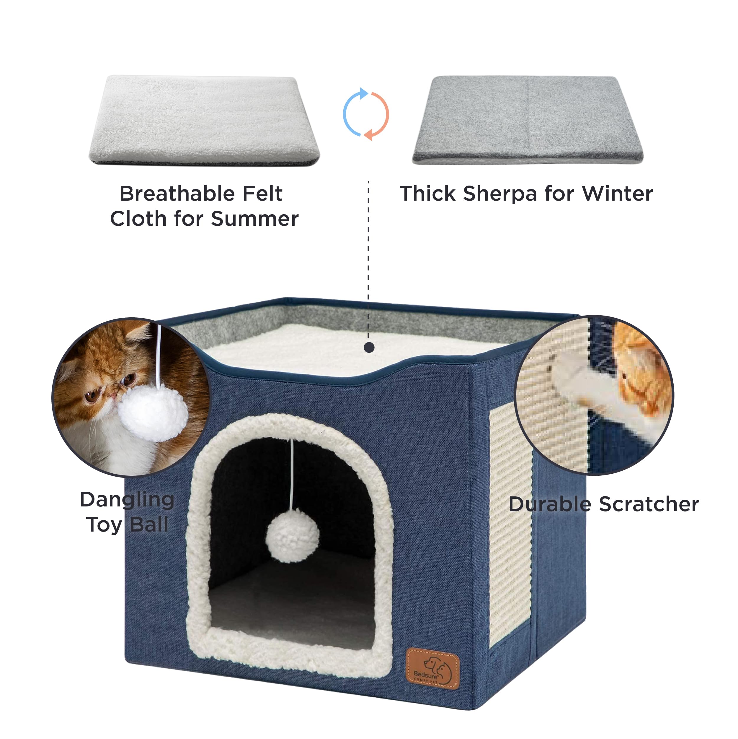 Bedsure Cat Beds For Indoor Cats - Large Cat Cave For Pet Cat House With Fluffy Ball Hanging And Scratch Pad, Foldable Cat Hideaway,16.5X16.5X13 Inches, Blue