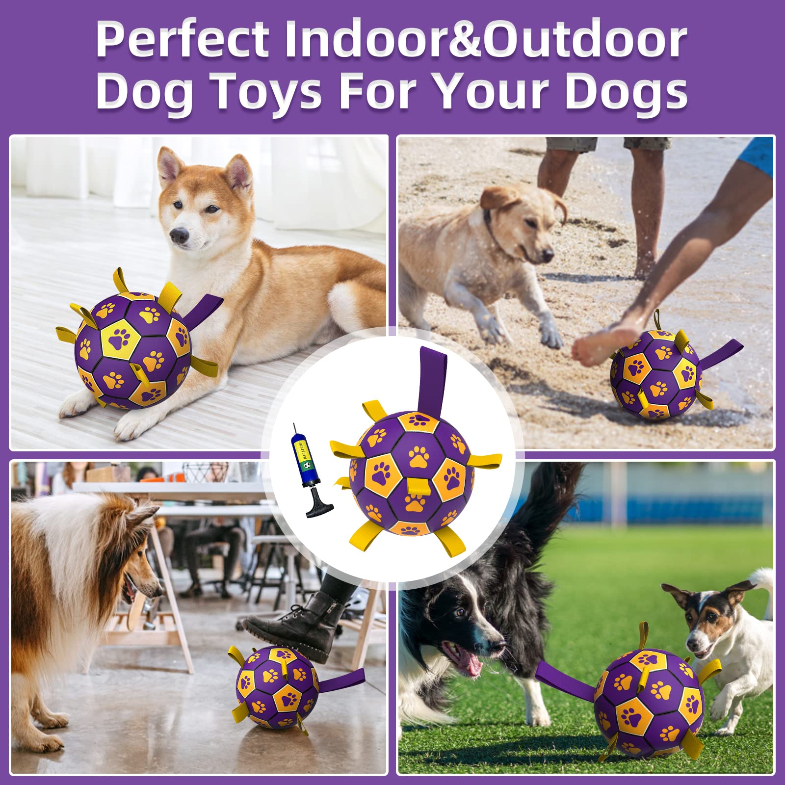 Qdan Dog Ropes Toys Soccer Ball With Straps, Interactive Dog Toys For Tug Of War, Puppy Birthday Gifts, Dog Tug Toy, Dog Water Toy, Durable Dog Balls For Medium & Large Dogs（8 Inch）