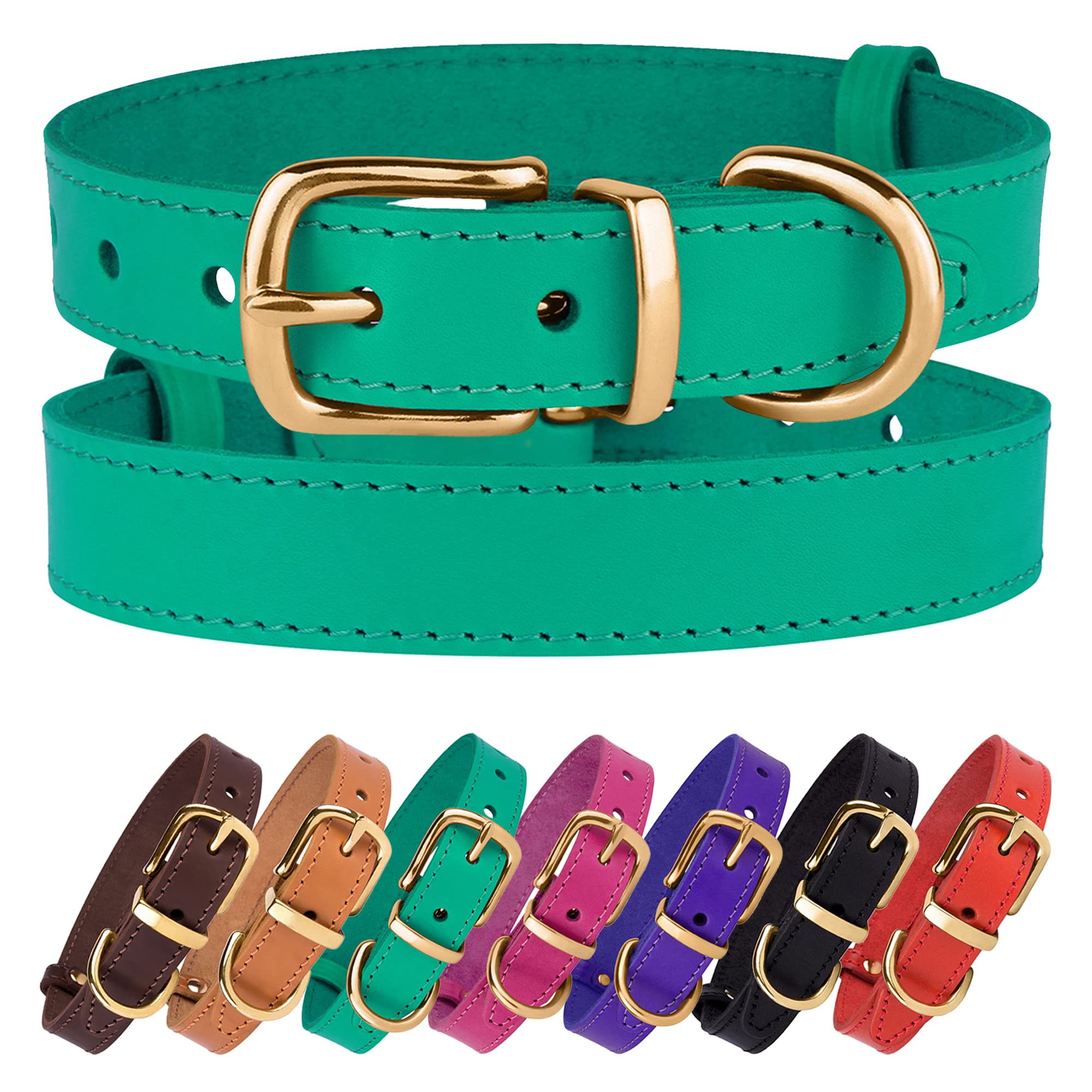 BRONZEDOG Leather Dog Collar - Durable Metal Buckle, 14-17 Inch, Green & Gold Buckle for Small Medium Large Dogs