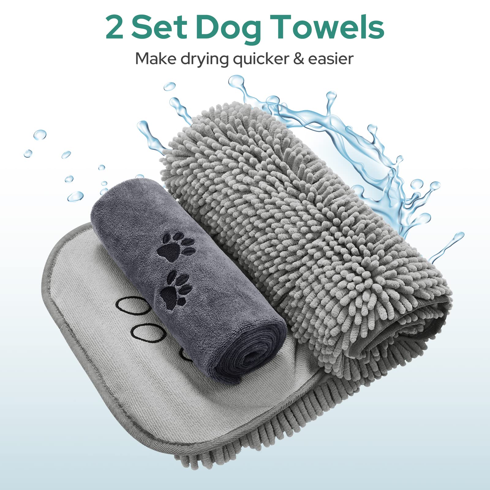 HOMEIDEAS 2 Pack Dog Towels Set, Chenille and Microfiber, Super Absorbent Soft Bath Shammy Towel with Hand Pockets for Pets Dryi