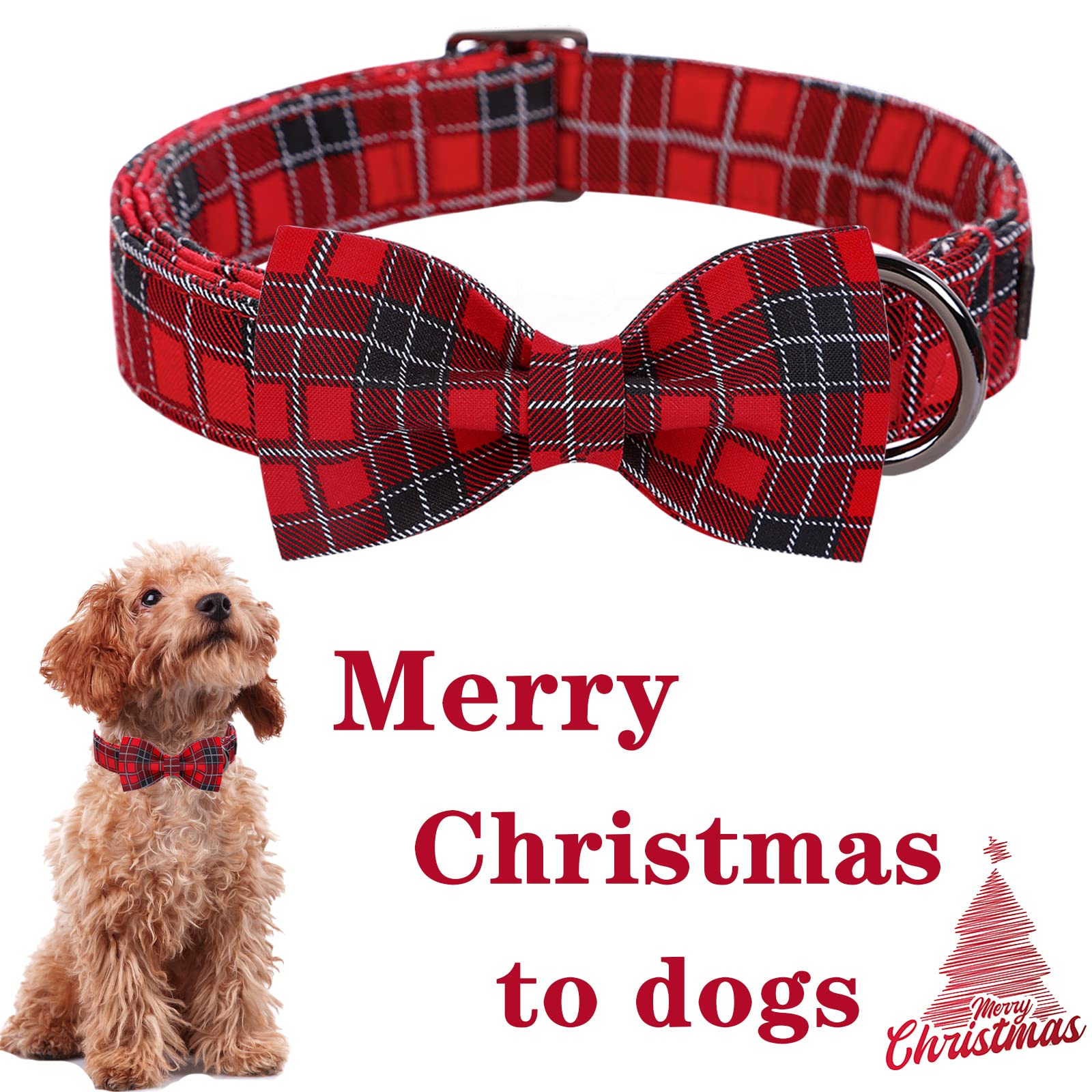 Unique Style Paws Christmas Dog Collar With Bow Tie Red Black Grid Cotton Collar Adjustable Puppy Plaid Collar For Small Medium Large Dogs