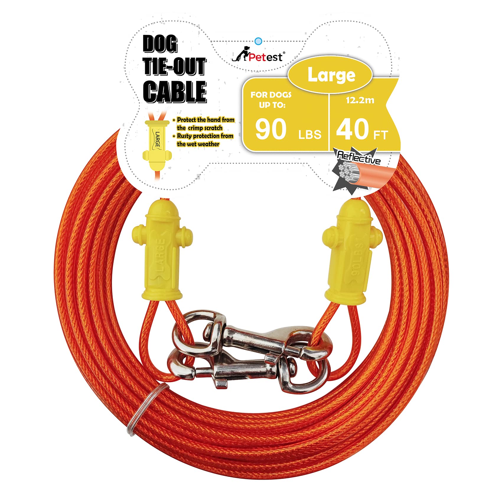 Petest Reflective Tie Out Cable with Crimp Cover for Large Dogs Up to 90 Pounds, 40 Feet