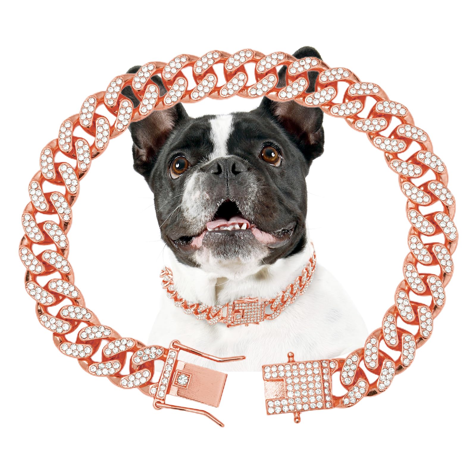 Thamiao Rose Gold Dog Chain Collar - Crystal Dog Necklace For Small, Medium & Large Dogs (14 Inch)