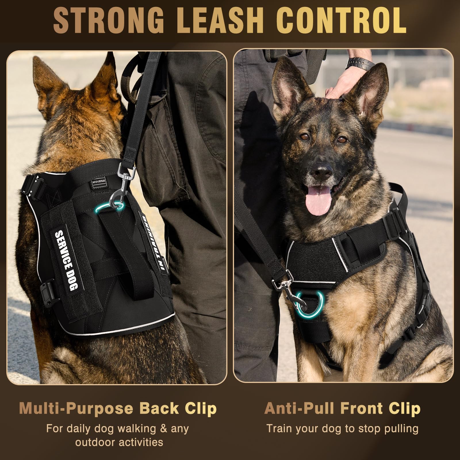 WINSEE Tactical Dog Harness, Heavy Duty MOLLE Vest, No Pull, X-Large, Black, Includes 10 Pet Patches for Training & Walking