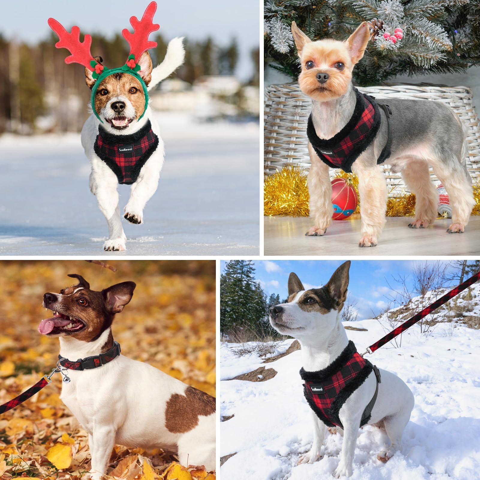SCENEREAL Small Dog Harness Collar and Leash Set, Warm Fleece No Pull Puppy Vest Harness, Christmas Dog Outfit No Chock Adjustib