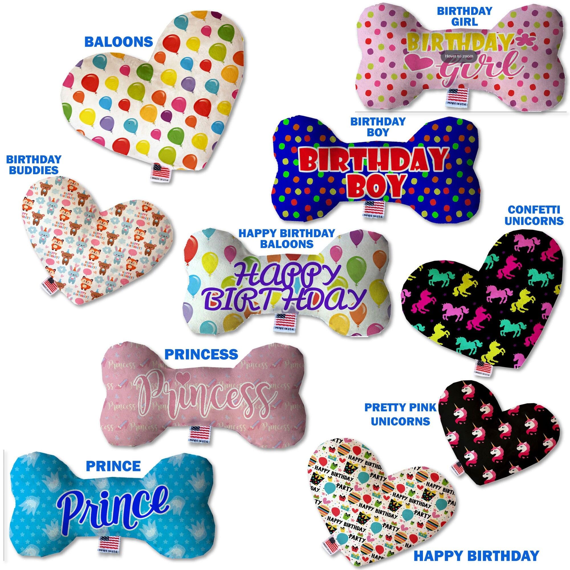Pet, Dog Plush Heart or Bone Toy, "Birthday Group" (Available in different sizes, and 10 different pattern options!) Birthday Buddies 8" Plush Heart