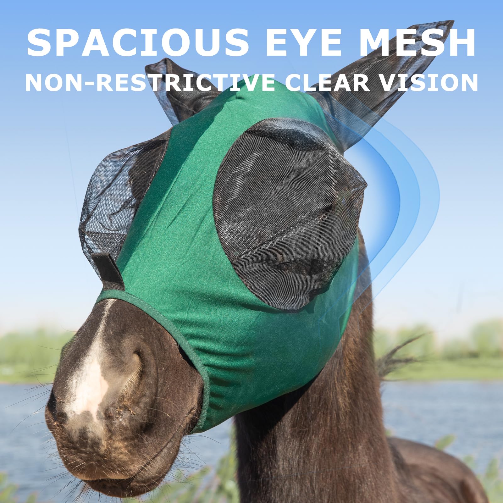 Stretchy Menjo Outdoors Horse Fly Mask with Ears, UV Protection for Horses, Breathable Comfortable Forest Green Fly Mask Suitabl