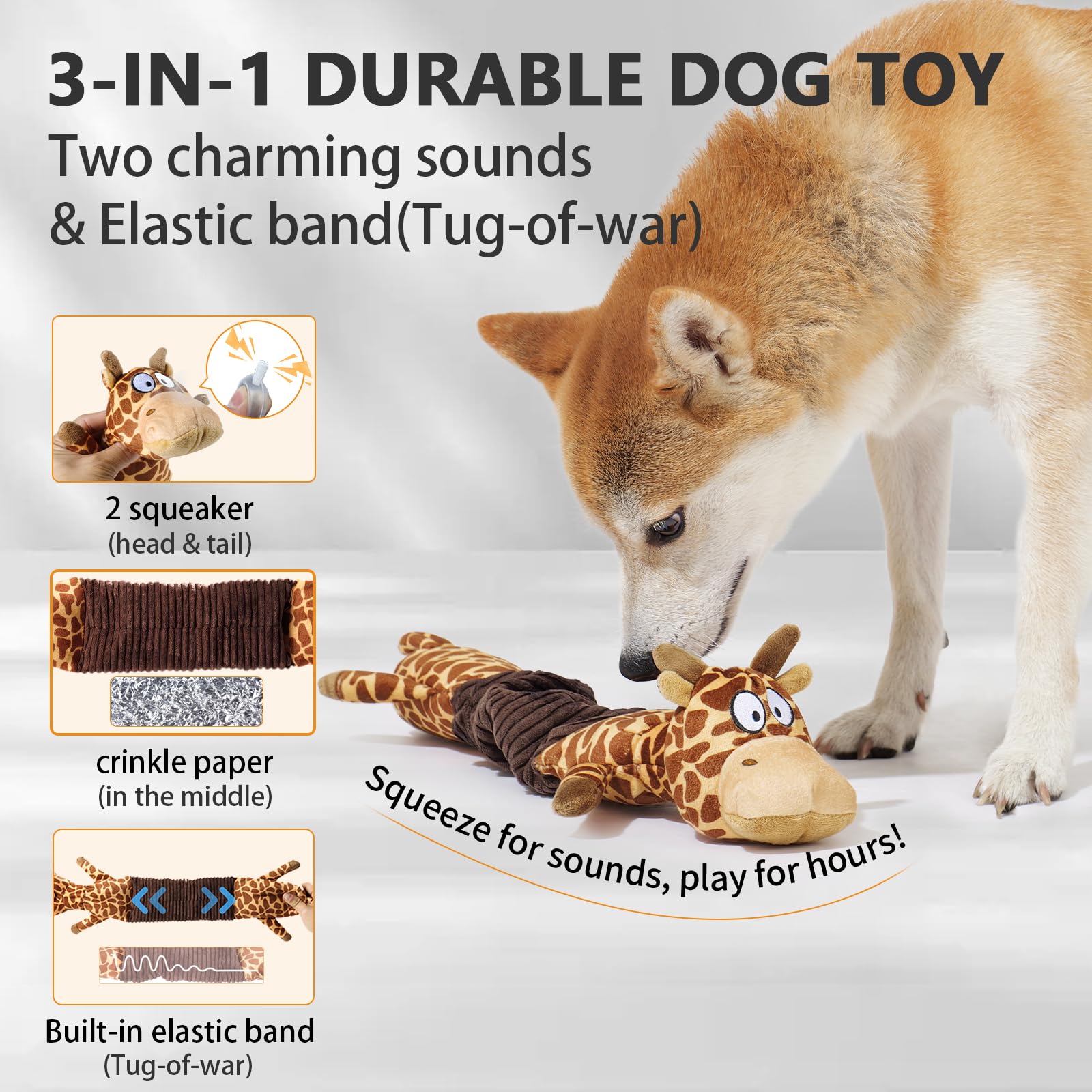MEWMINGLE 3-in-1 Squeaky Dog Toy for Chewer (Squeaker, Crinkle Paper & Elastic Band), Durable Interactive Puppy Plush Stuffed Ch
