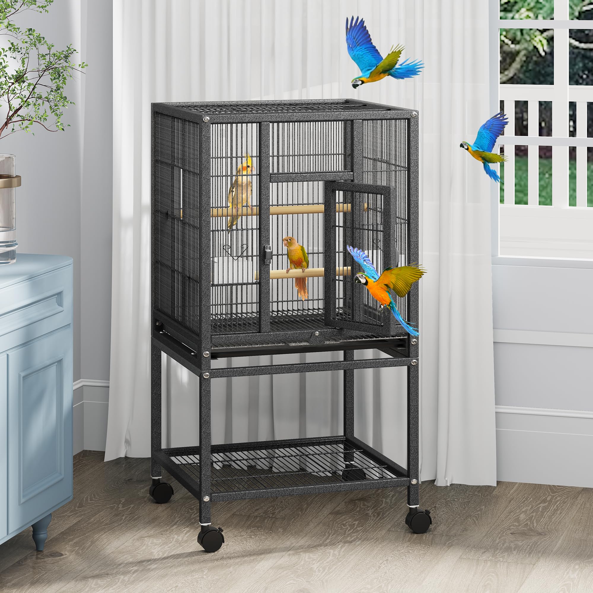 YITAHOME 41 inches Metal Bird Cage for Parakeets: Large Parrot Cages with Tray, Food Boxes, and Wooden Perches with Rolling Stan