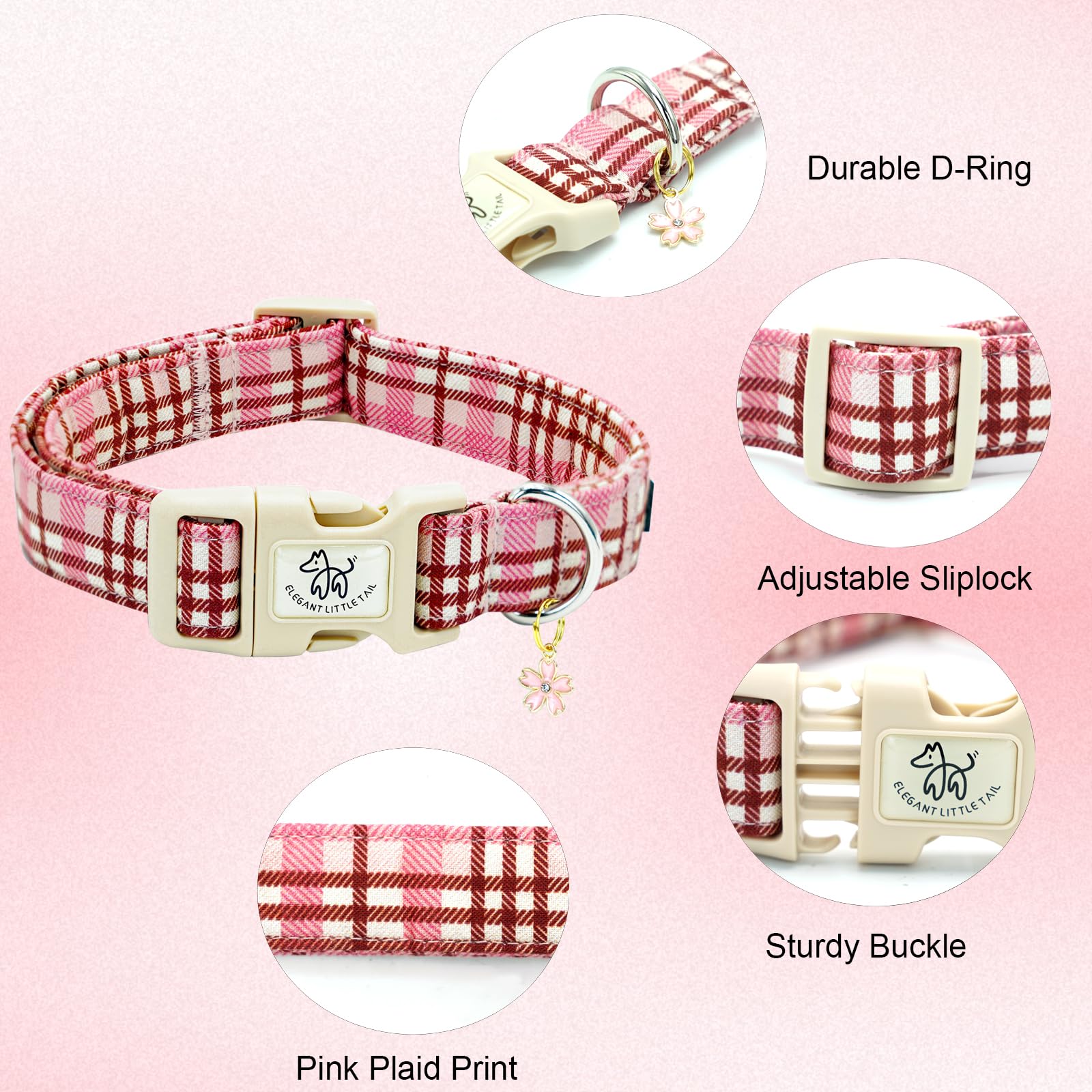 Elegant Little Tail Dog Collar-Cute Dog Pet Collars Pink Plaid Print Puppy Adjustable Soft Cotton Girl Boy Collars For Small Med
