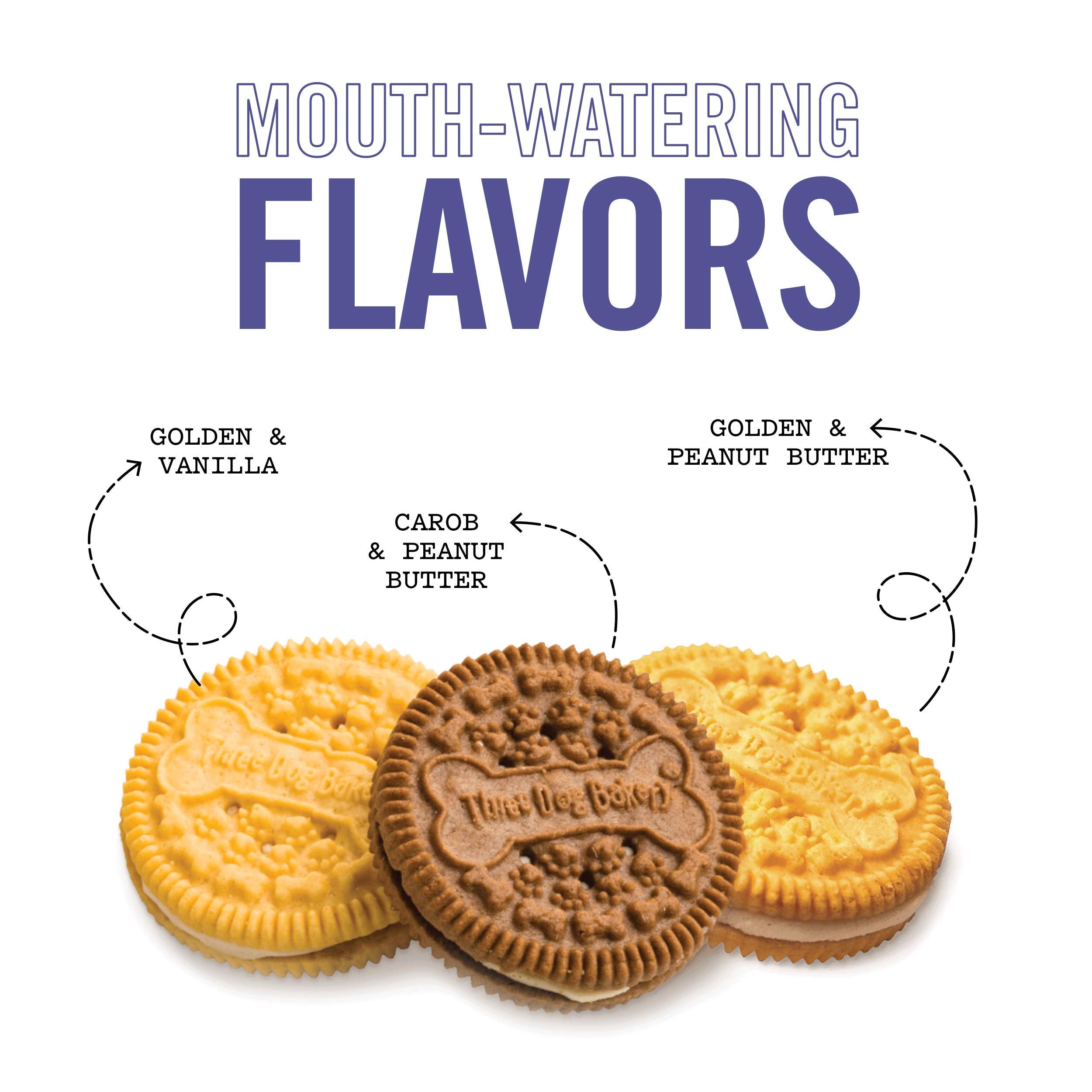 Three Dog Bakery Lickn Crunch Sandwich Cookies Premium Dog Treats with No Artificial Flavors, Carob/Peanut Butter, Golden/Vanil