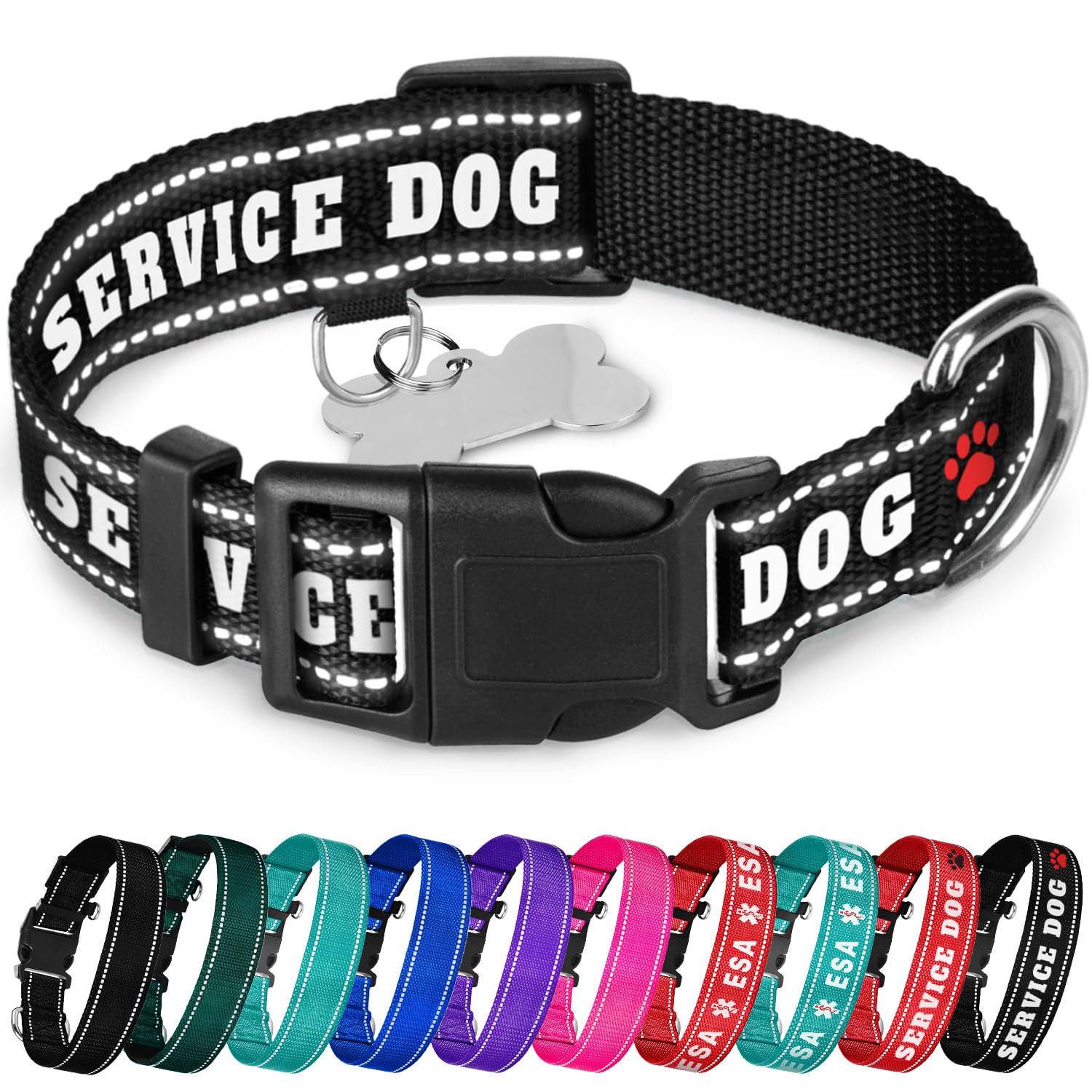 Teceum Reflective Pet Collar - Black - Service Dog - M - Basic Nylon Dog Collar - Quick Release Buckle - Fits Small, Medium And 