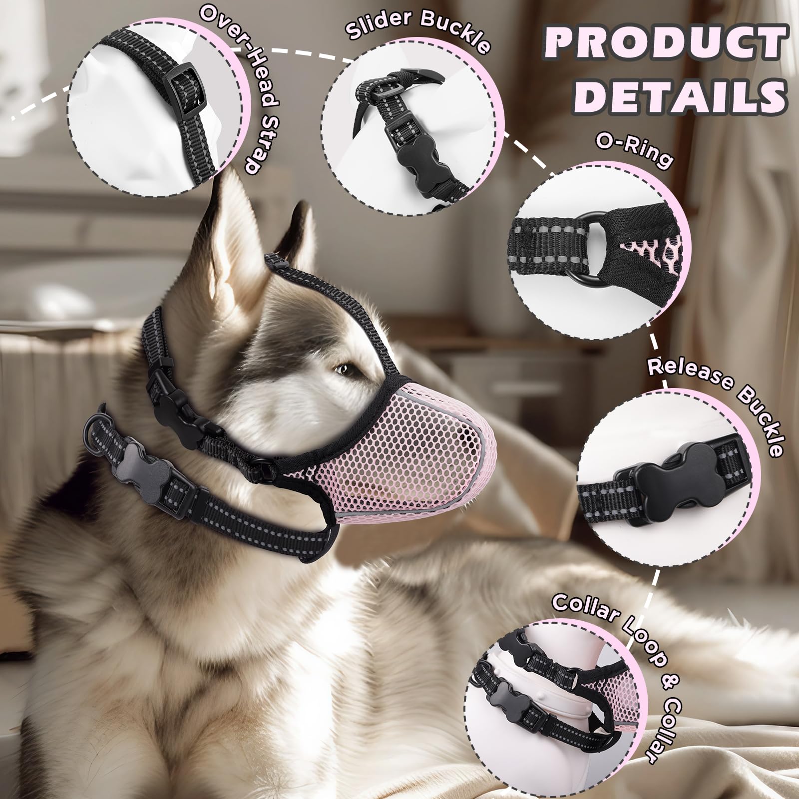 BONTHEE Dog Muzzle - Soft Mesh Adjustable Muzzle for Small to Large Dogs, Pink, Size M, Breathable for Grooming, Biting, Chewing