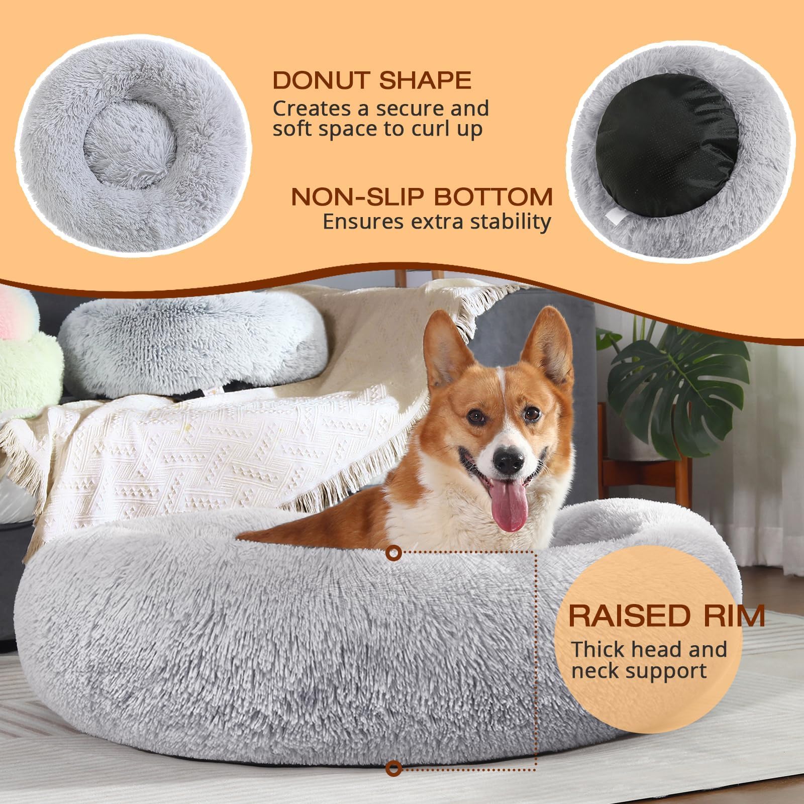 JOLLYVOGUE Dog & Cat Bed - Calming Faux Fur Donut Cushion for Small Pets, 24", Light Grey