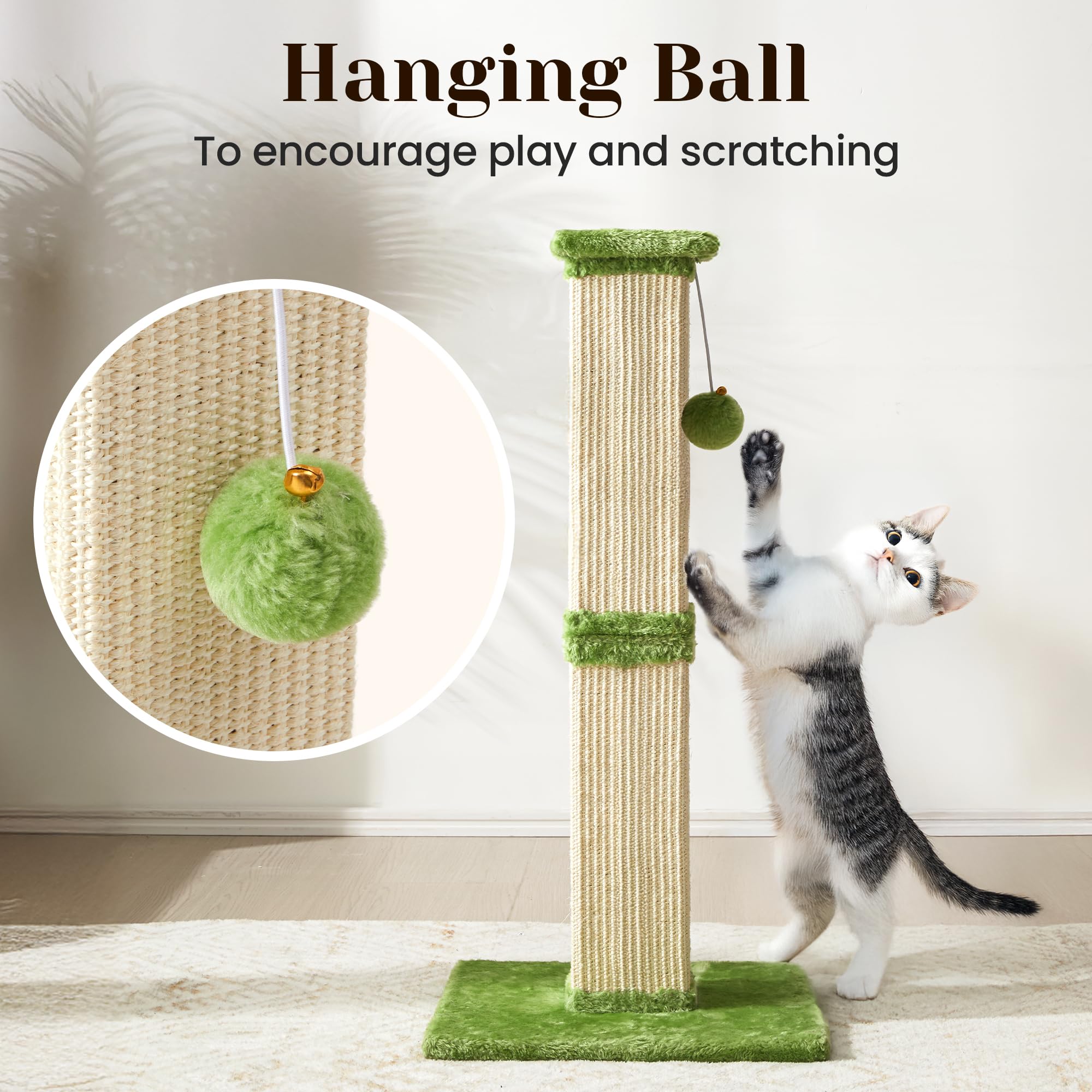 Fansafurn Cat Scratching Post with Hanging Toy Ball, 32-Inch Tall Sisal Cat Scratcher for Indoor Cats, Green